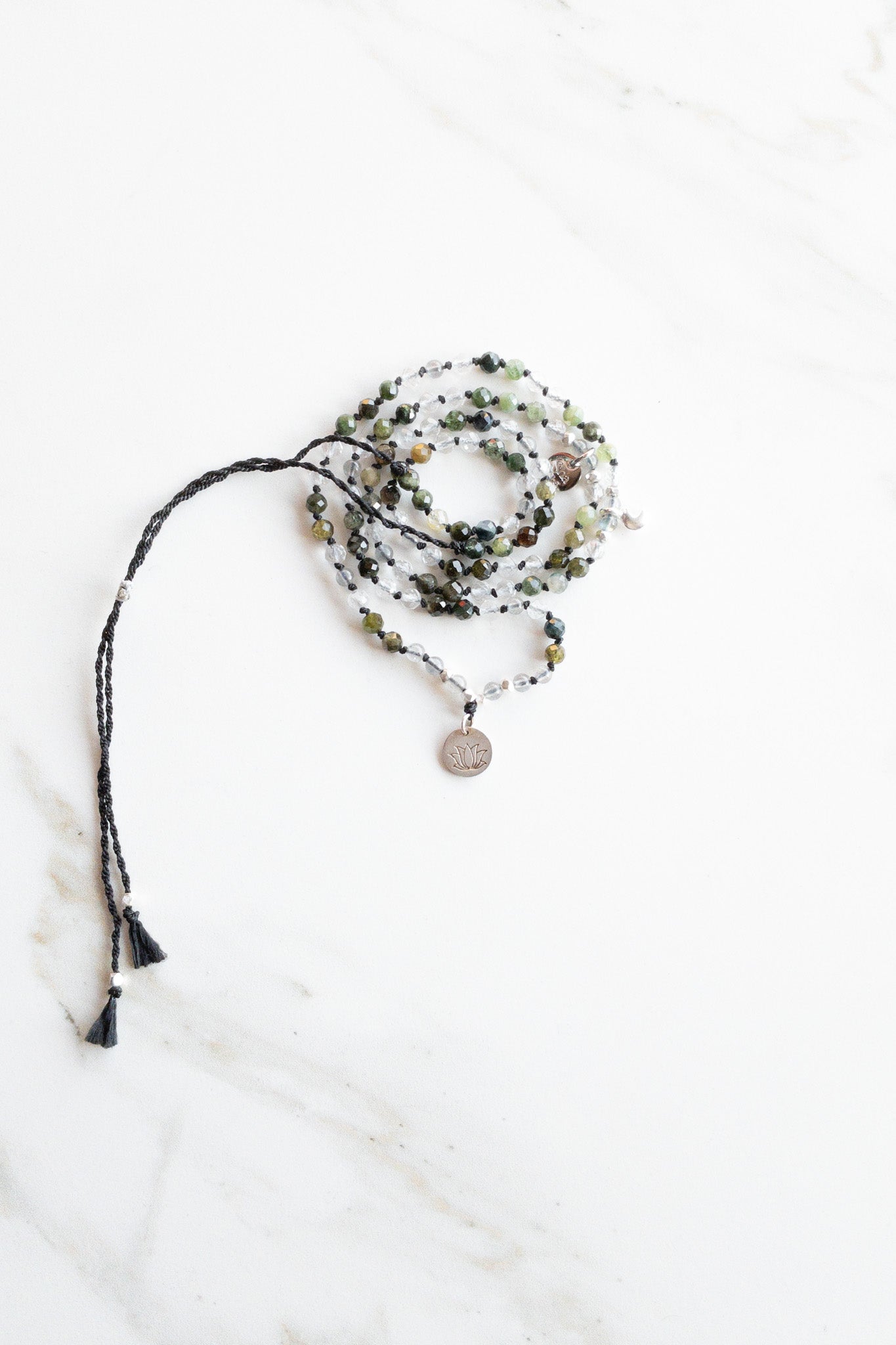 ShaSha « Roots » Mini Mala Green Aventurine, Moonstone & Clear Quartz - yoga gemstone jewellery 