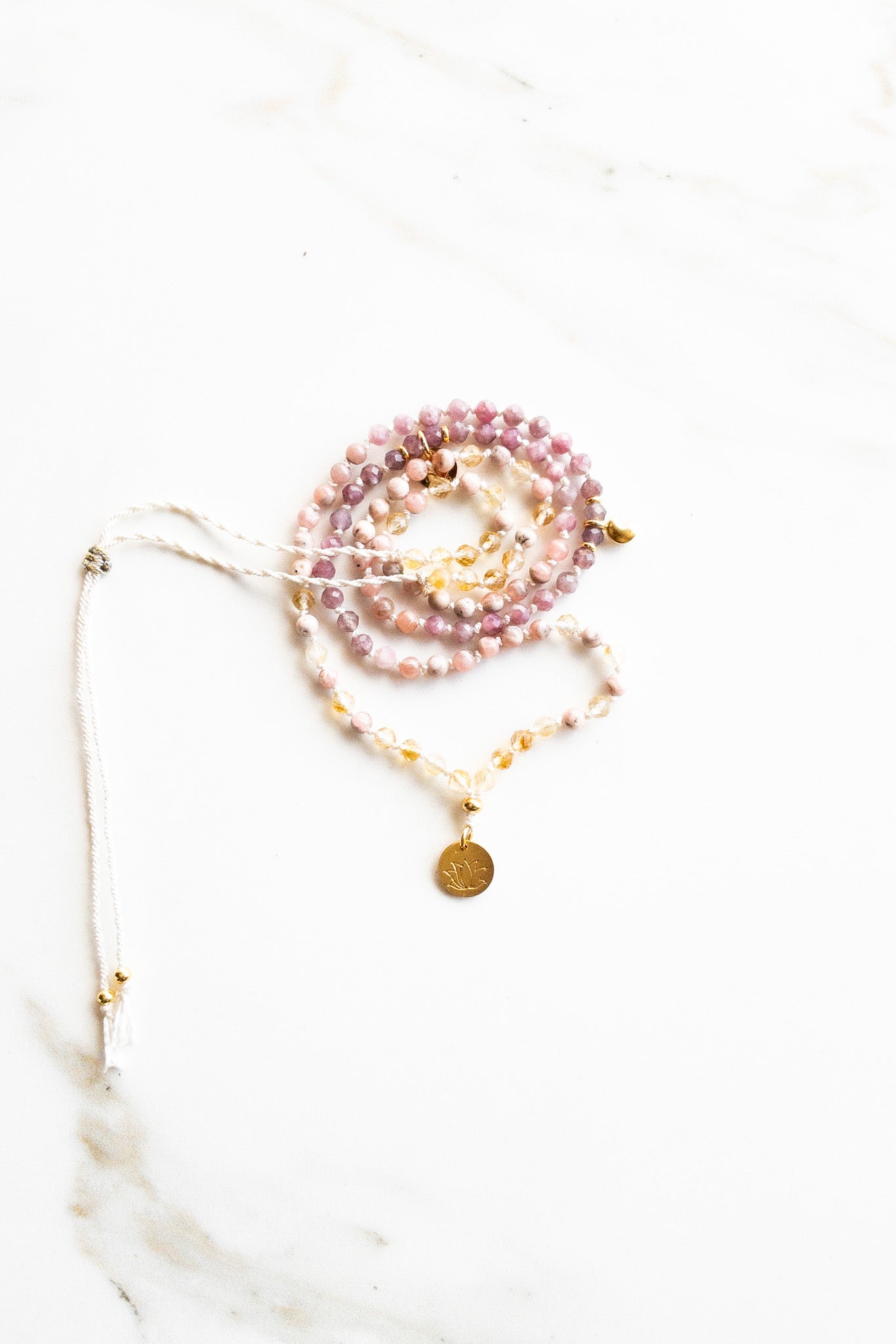 « Roots » Mini Mala 108 - Citrine & Lepidolite & Rodochrosite - shashā méditation jewellery 