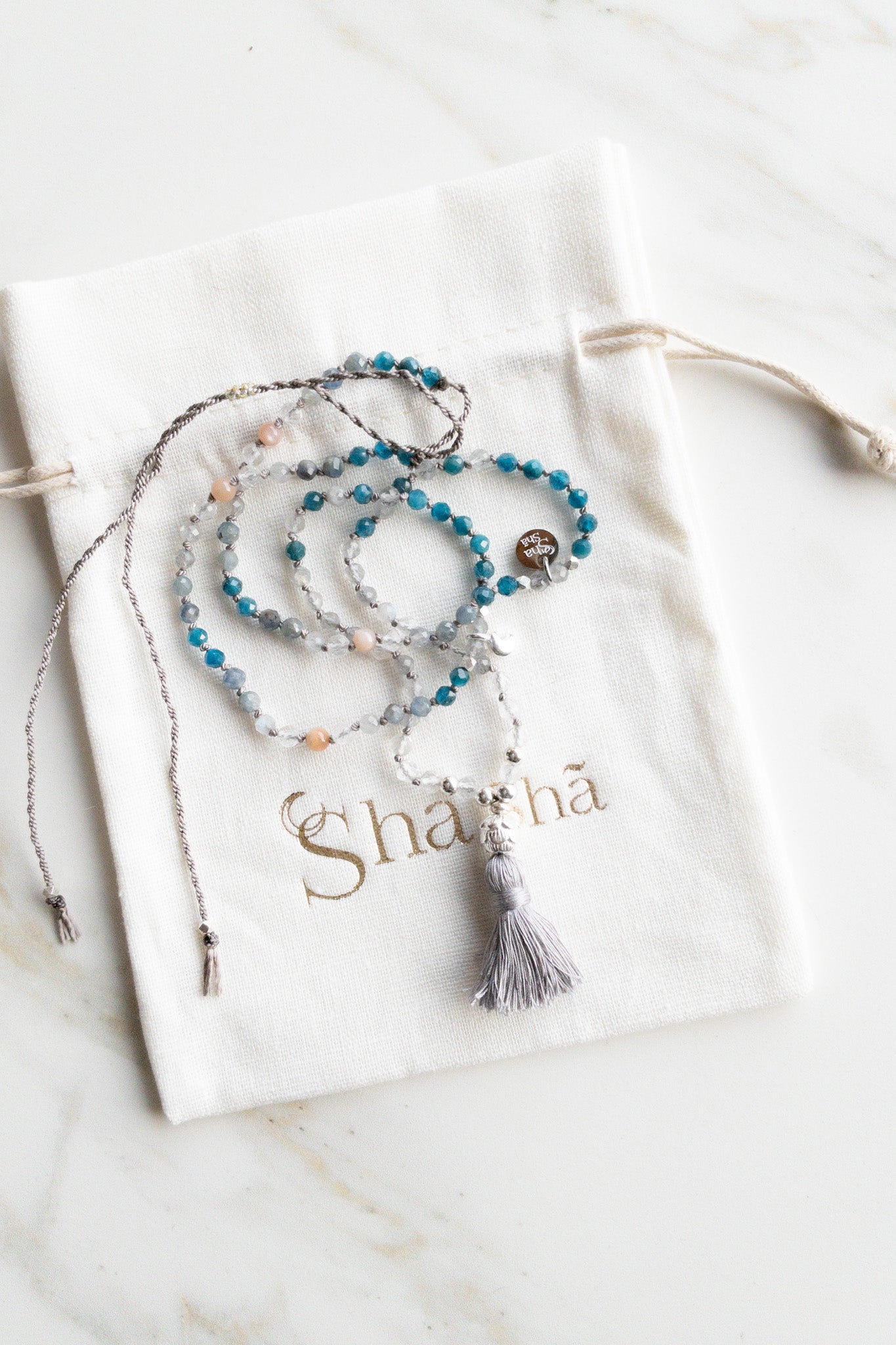 « Roots » Mini Mala 108  - Apatite & Moonstone & Sunstone - shashā meditation jewellery 