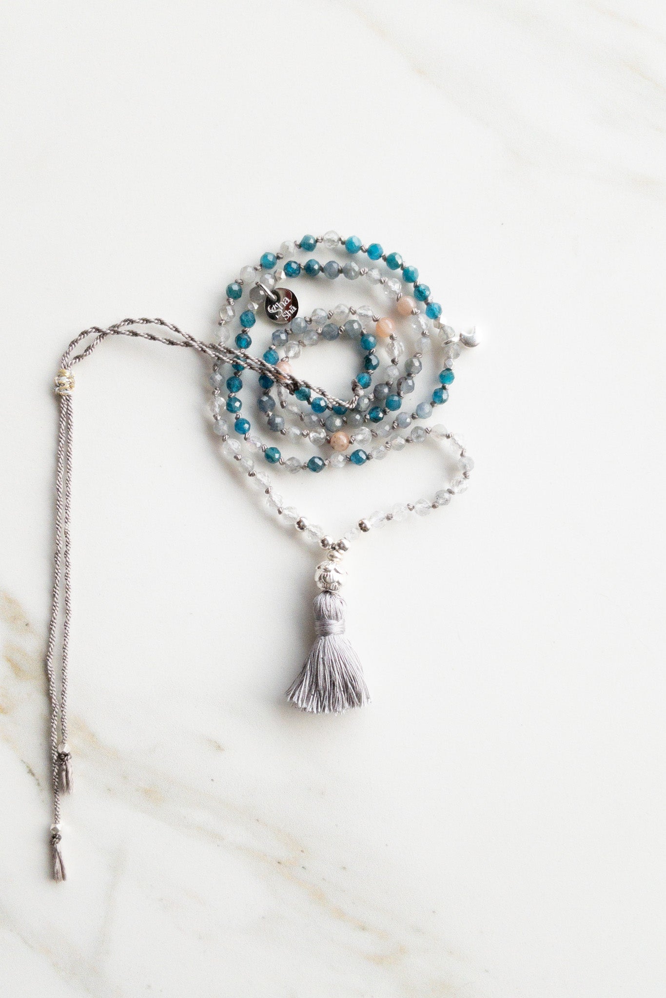 « Roots » Mini Mala 108  - Apatite & Moonstone & Sunstone - shashā gemstone jewellery 