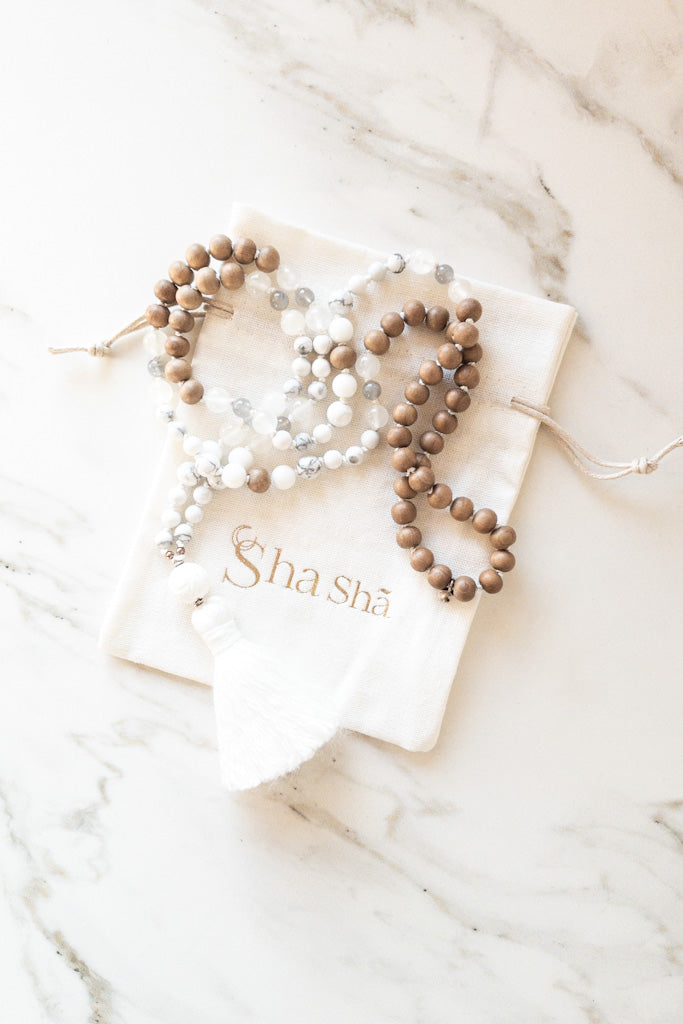 Sahasrara Mala - sandalwood, Howlite, Selenite, moonstone- OceanEye - shasha meditation jewelry