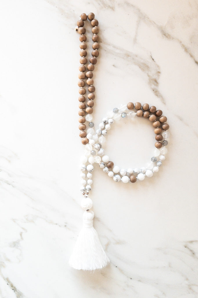 Sahasrara Mala - sandalwood, Howlite, Selenite, moonstone- OceanEye - Shasha yoga jewellery 