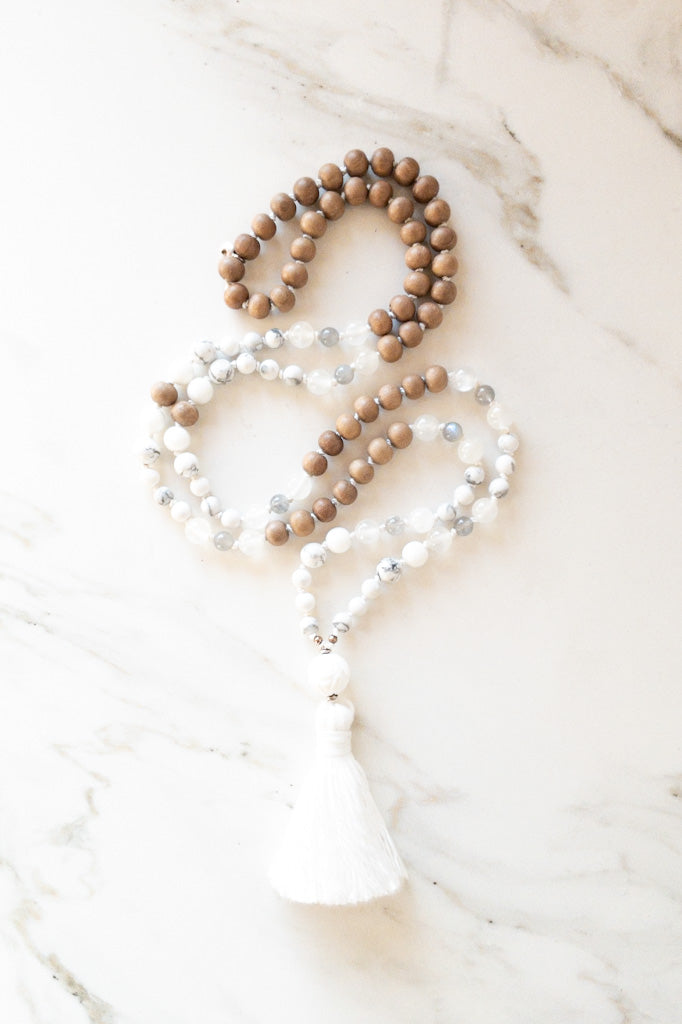 Sahasrara Mala 108 beads - sandalwood, Howlite, Selenite, moonstone- OceanEye - shasha yoga jewellery