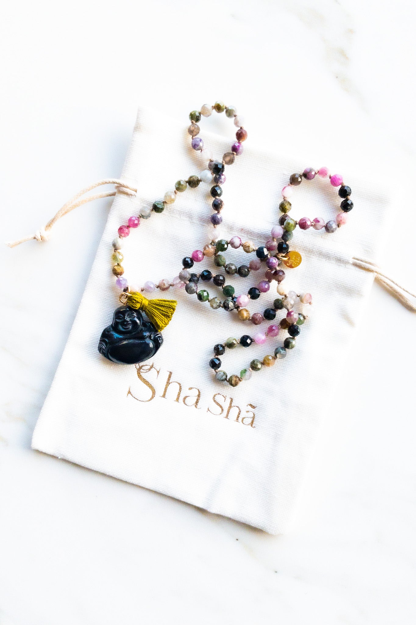 Tourmaline and Onyx Smiling Buddha Mala Necklace - Indradhanush - shashā meditation jewellery 