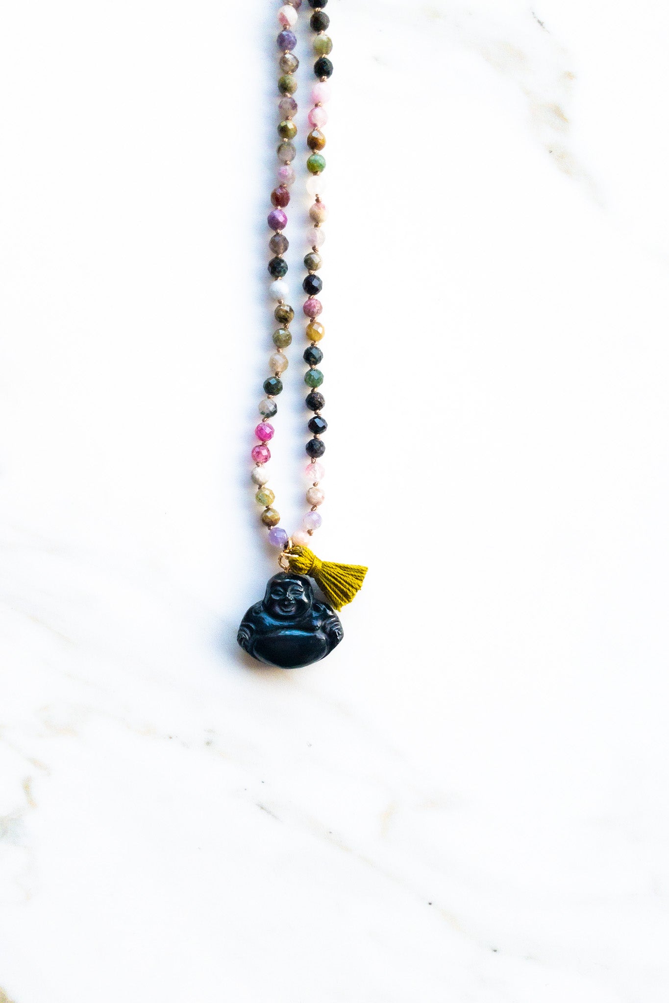 Tourmaline and Onyx Smiling Buddha Mala Necklace - Indradhanush - shashā gemstone jewellery 