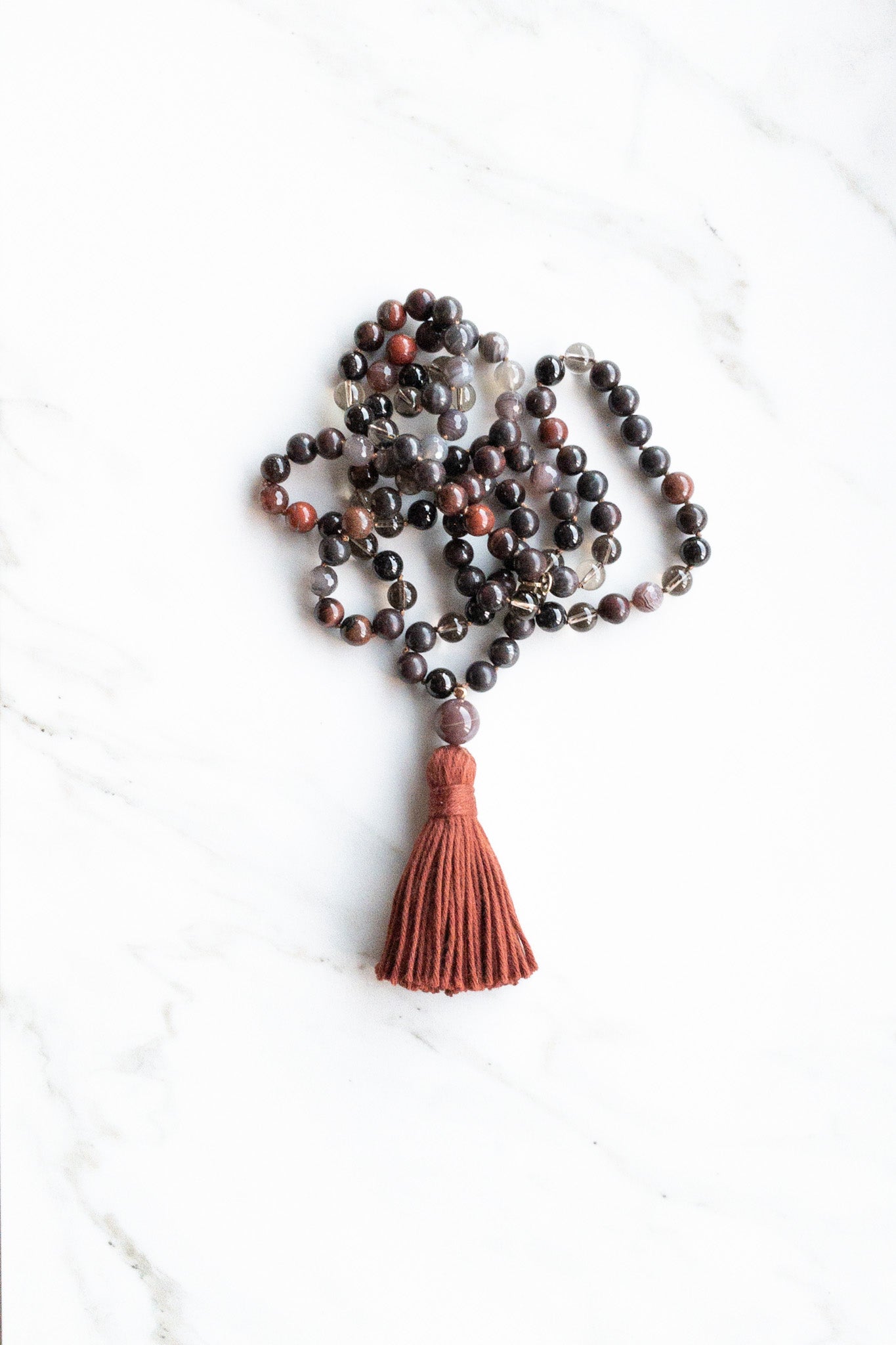 Dhara Grounding Mala 108 beads - OceanEyes Collection - jasper, Botswana agates, smoky quartz - shashā India inspired jewellery Switzerland 