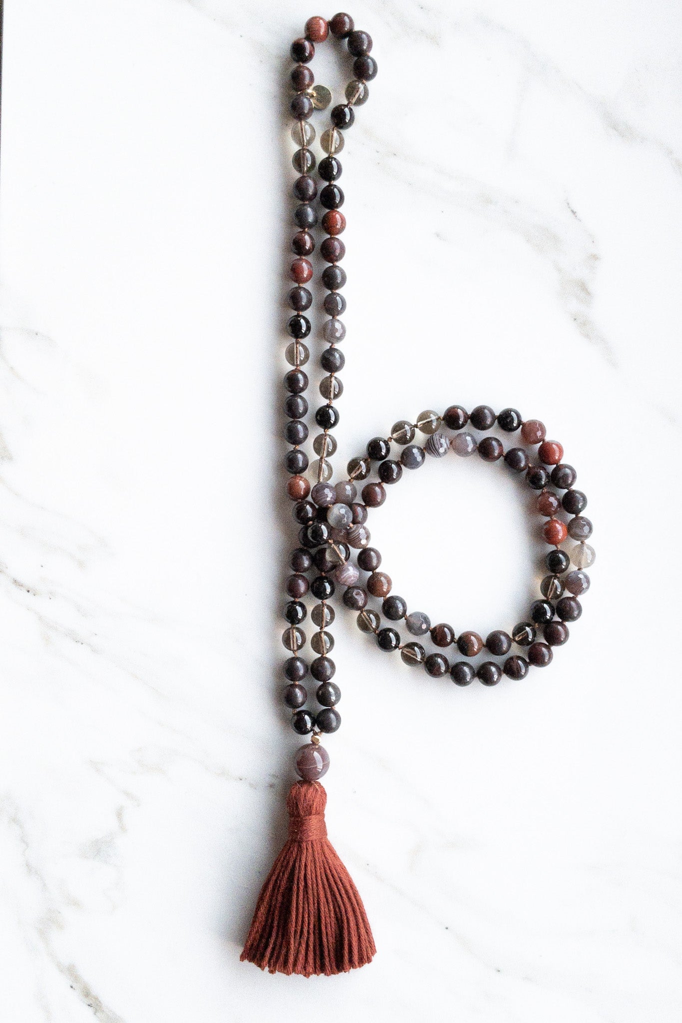 Dhara Grounding Mala 108 beads - OceanEyes Collection - jasper, Botswana agates, smoky quartz - shashā yoga jewellery Switzerland 