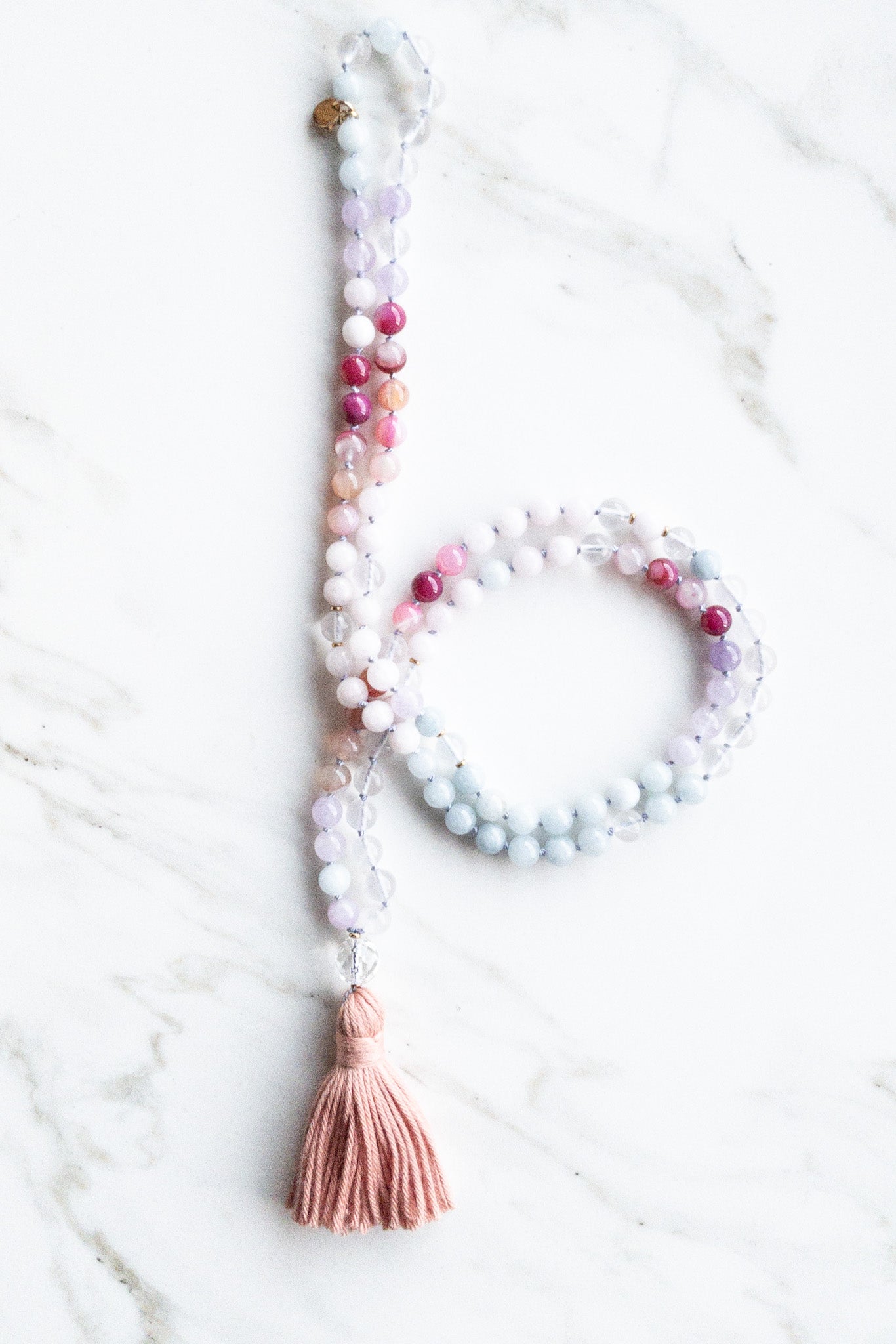 Divine Rainbow Japamala - Morganite, agates, pink quartz - OceanEyes - shashā yoga jewellery 