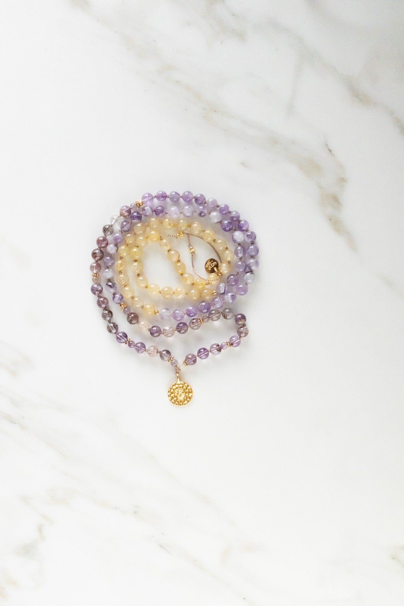 OM Vibrations Mala - Indradhanush - super7 - golden rutile quartz - amethyst lace - ShaSha Yoga meditation jewellery