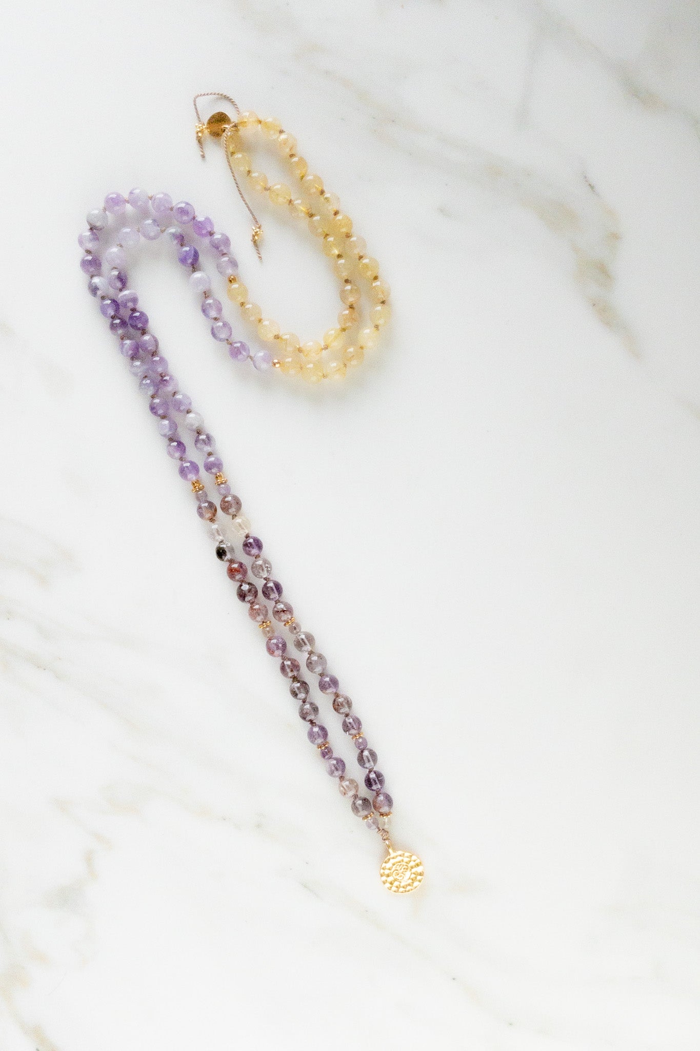 OM Vibrations Mala - Indradhanush - super7 - golden rutile quartz - amethyst lace - ShaSha Yoga meditation jewellery - Shop online