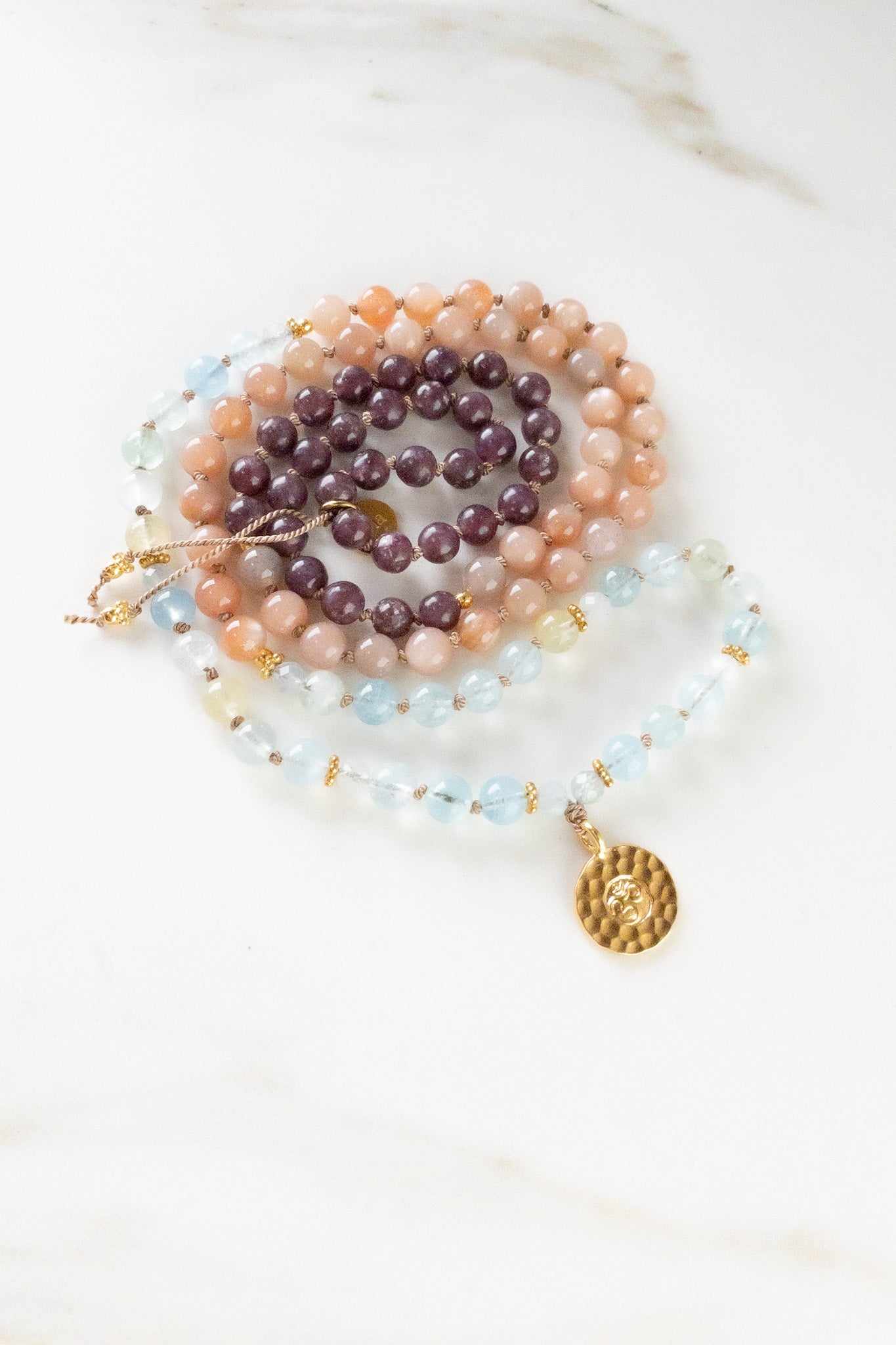 OM Serenity Mala - Indradhanush - peach moonstone - lepidolite - aquamarine - ShaSha Yoga Jewelry - handmade in switzerland - shop online