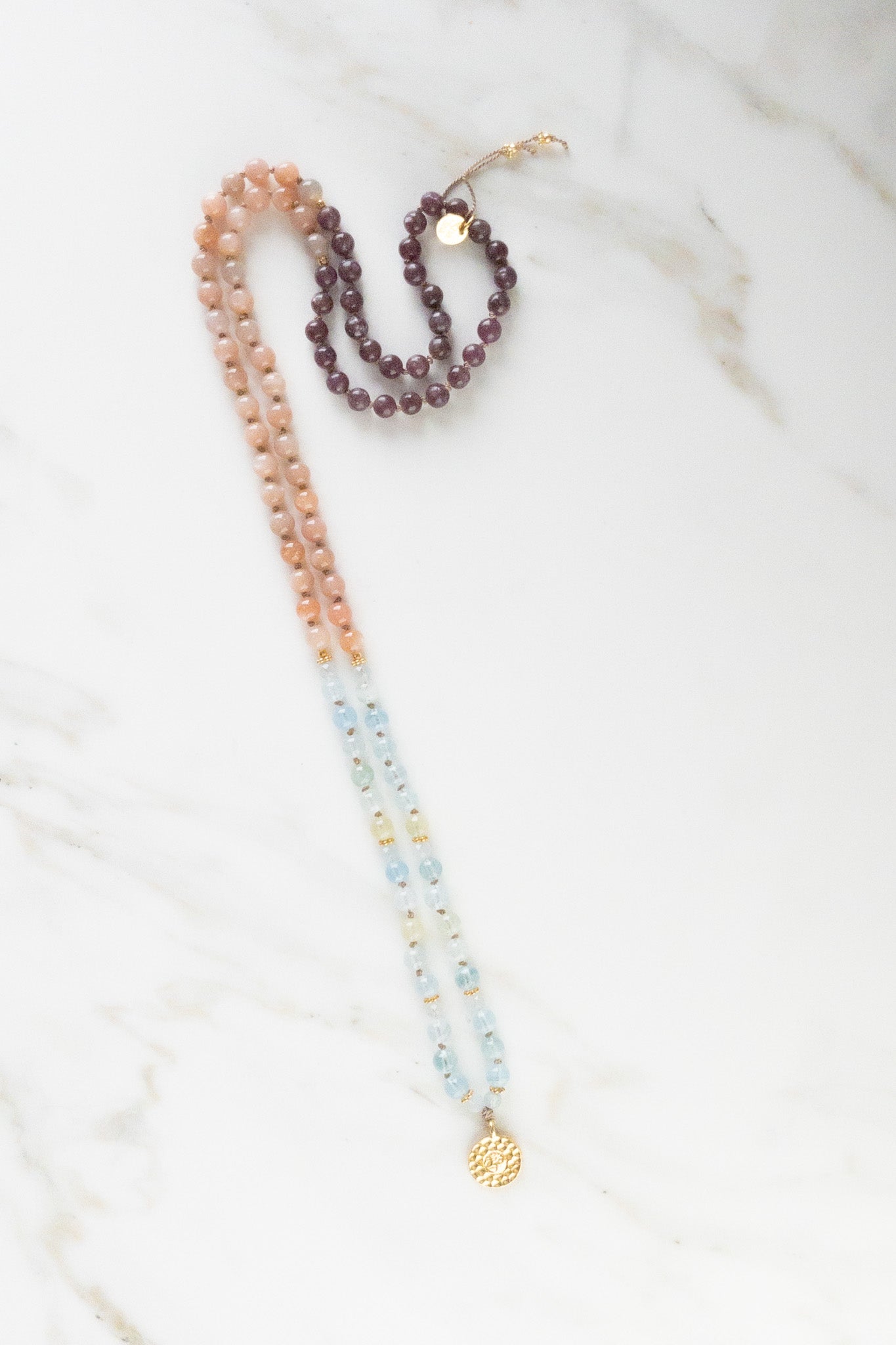 OM Serenity Mala necklace 108 beads - Indradhanush - peach moonstone - lepidolite - aquamarine - ShaSha Yoga Jewelry - handmade in switzerland - shop online