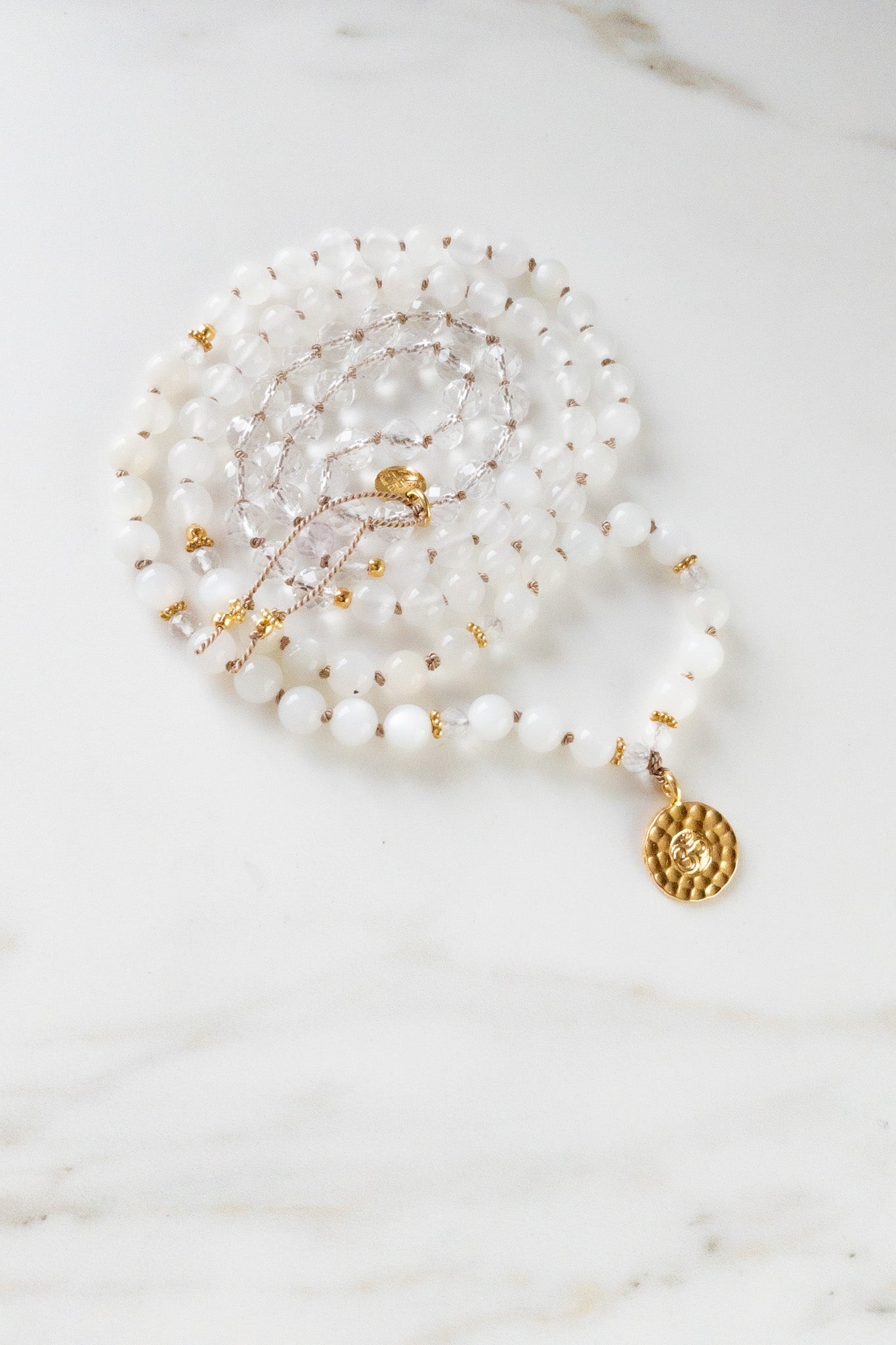 OM Luminous Mala - Indradhanush - Clear Quartz and Moonstone Japamala Necklace- Meditation and Yoga jewellery - ShaSha gemstone jewellery