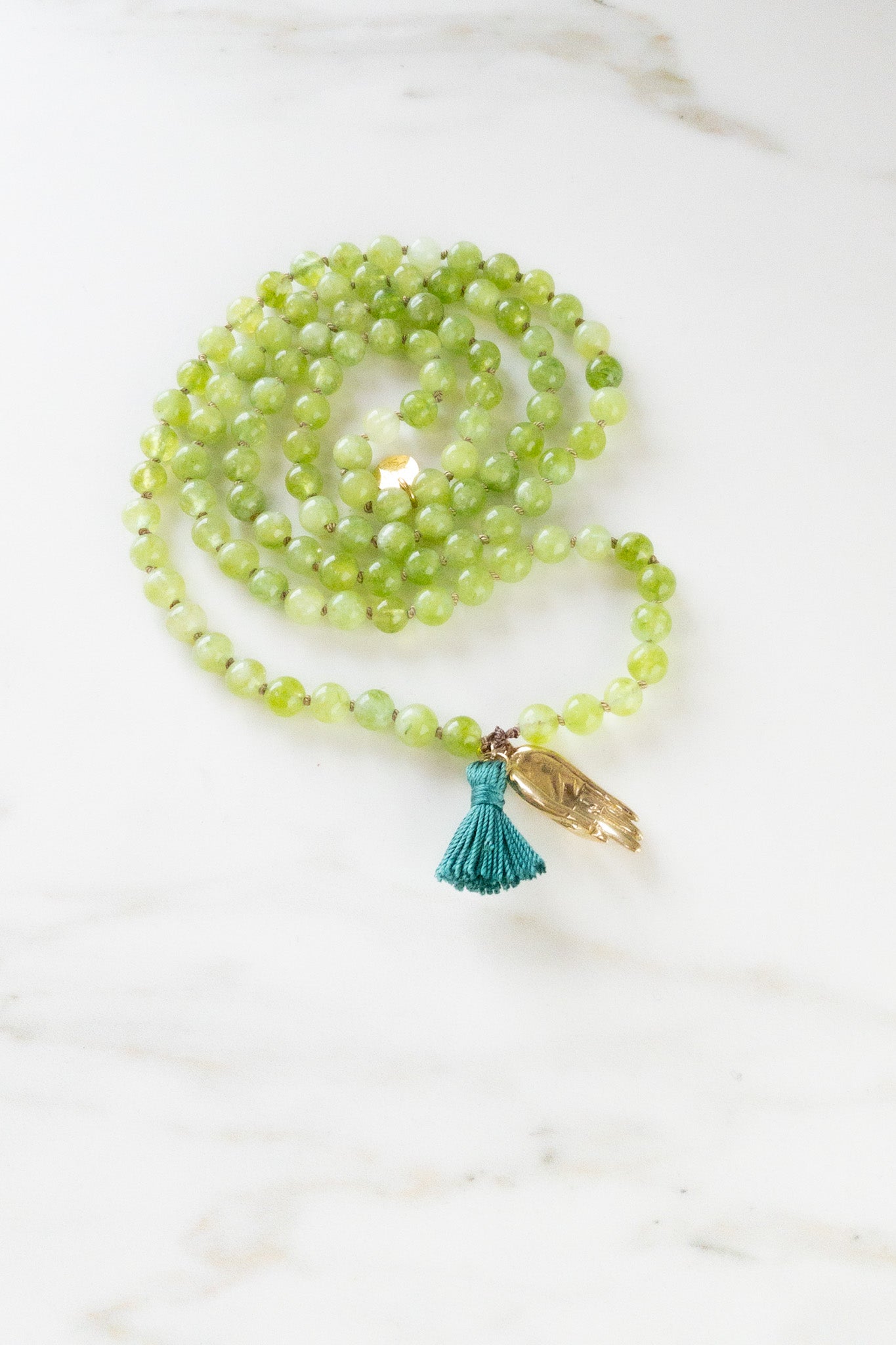 Mudra Clarity Mala - Indradhanush - Peridot Japamala - Meditation necklace - hand of buddha Mala - ShaSha Jewellery Handmade in Switzerland