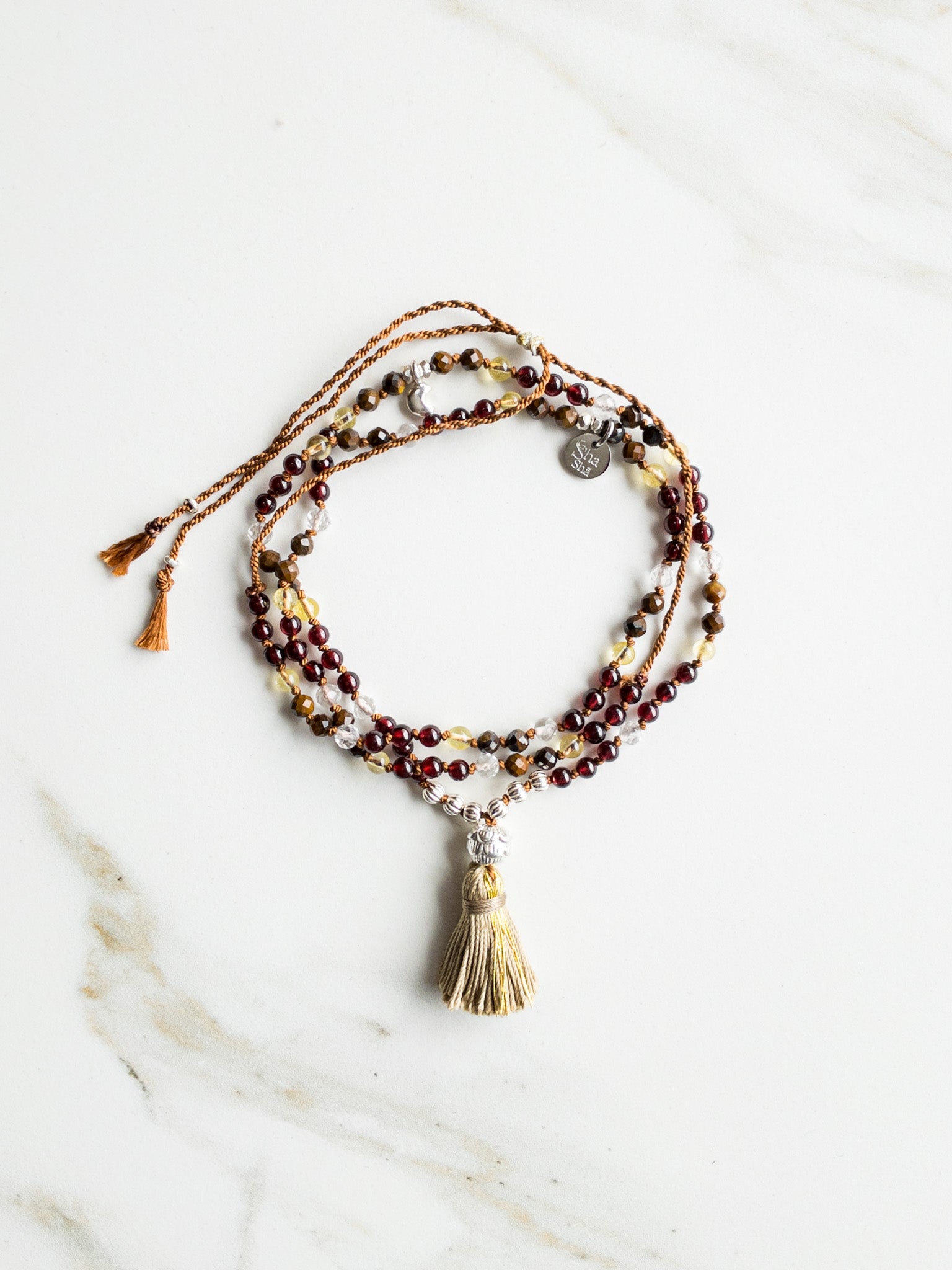 « Roots » Mini Mala 108  beads - Garnet, Bronzite & clear Quartz - ShaSha Yoga and Mindfulness Jewellery Switzerland
