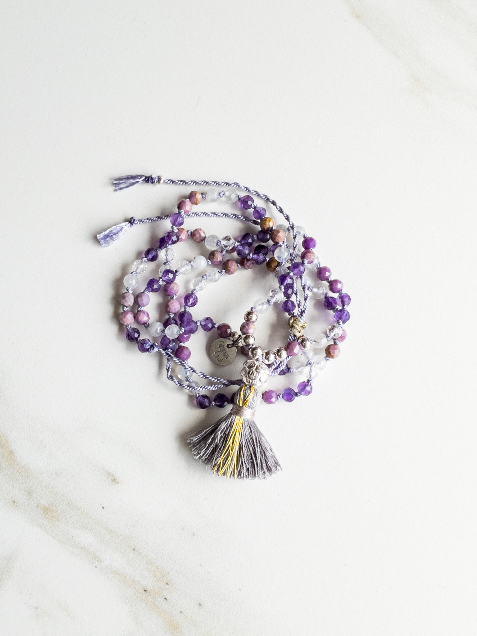 « Roots » Mini Mala 108  beads - Amethyst, Lepidolite & Moonstone - ShaSha gemstone mala beads - Yoga Jewelry