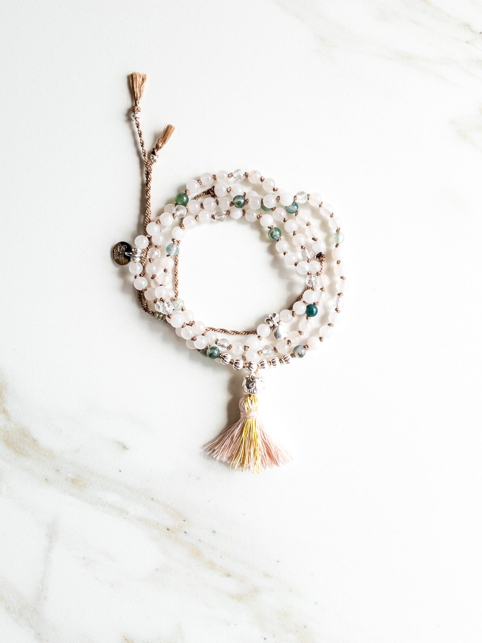 « Roots » Mini Mala 108  beads  - Pink Quartz, Moss Agate & clear Quartz - ShaSha Gemstone Yoga Jewelry