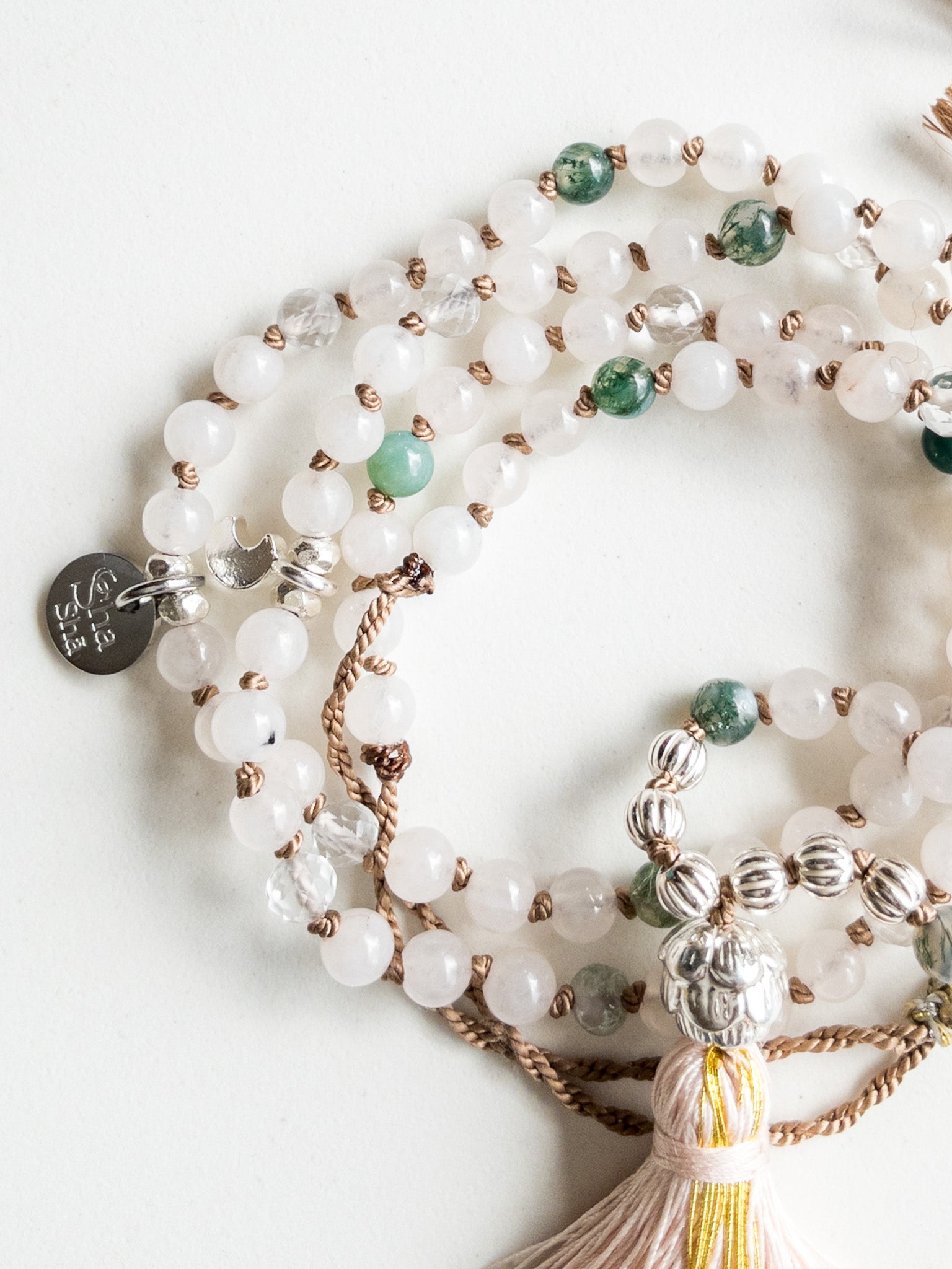 « Roots » Mini Mala 108  beads  - Pink Quartz, Moss Agate & clear Quartz - ShaSha Gemstone Yoga Meditation  Jewelry