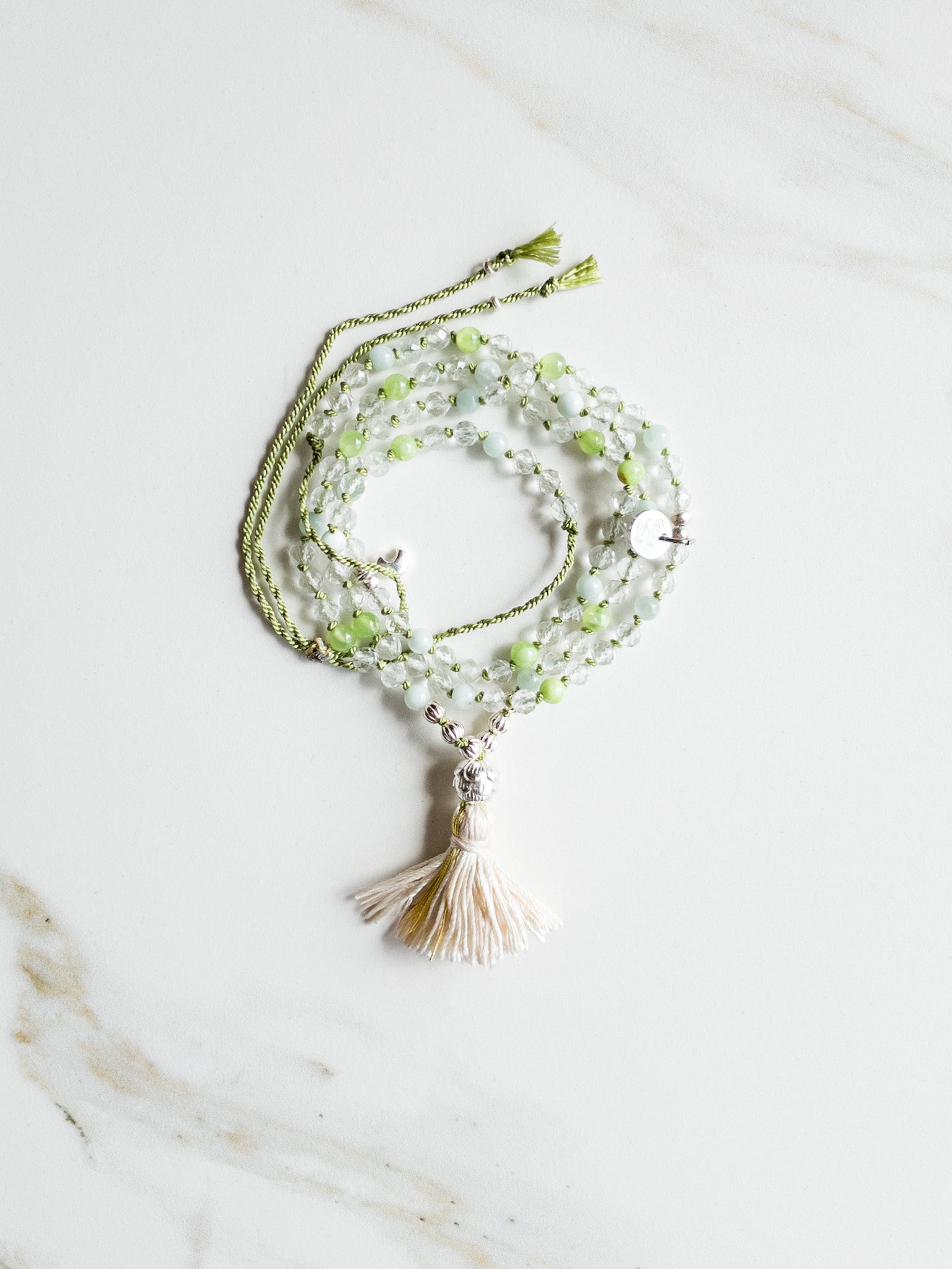 « Roots » Mini Mala 108  beads - Clear Quartz, green Jade & green Angelite - ShaSha Japamalas beads mindfulness jewelry - switzerland