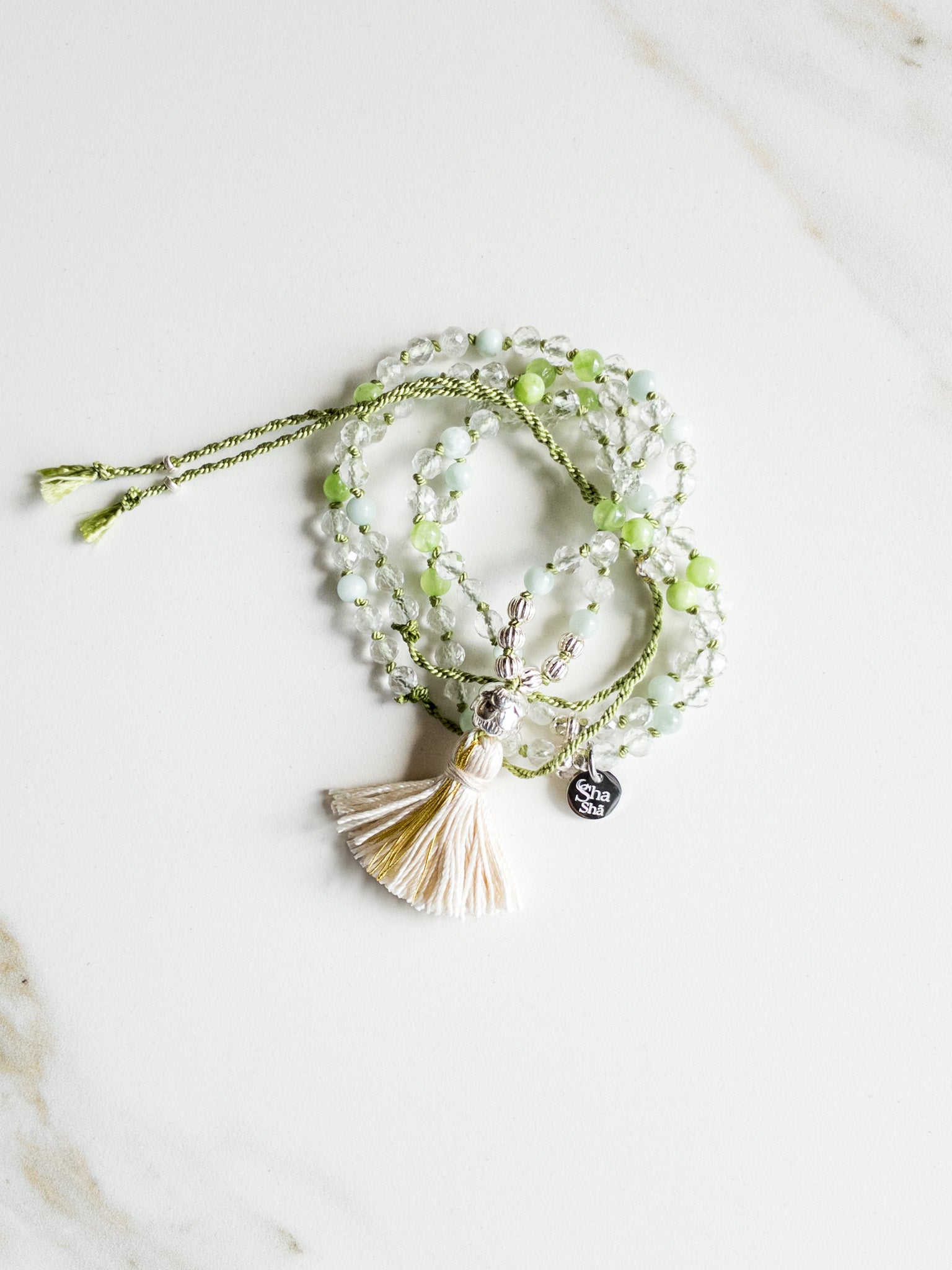 « Roots » Mini Mala 108  beads - Clear Quartz, green Jade & green Angelite - ShaSha Japamalas gemstone beads mindfulness jewelry - switzerland