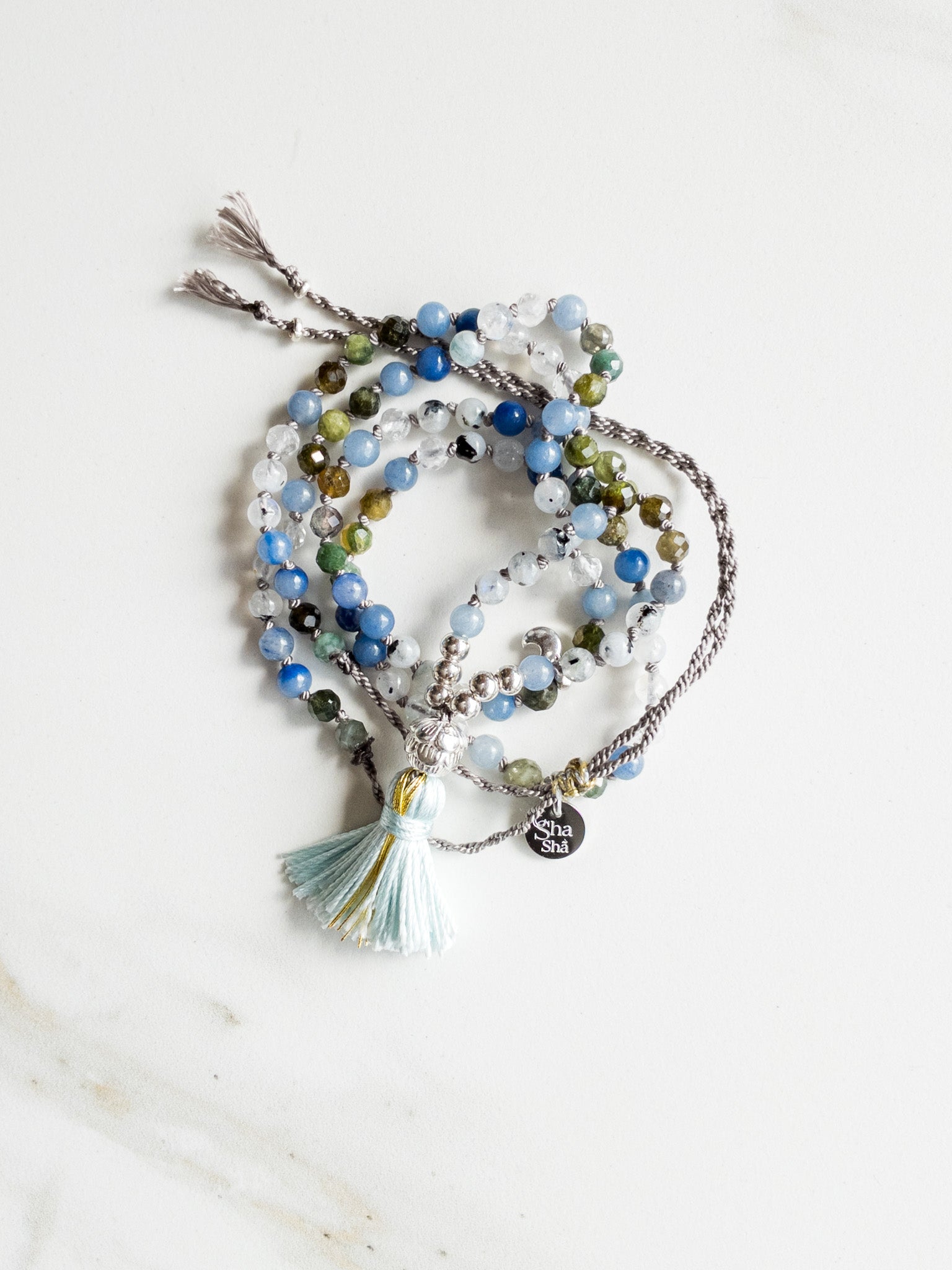 « Roots » Mini Mala 108  beads - Blue aventurine, Green Tourmaline & Moonstone - ShaSha Jewellery Switzerland