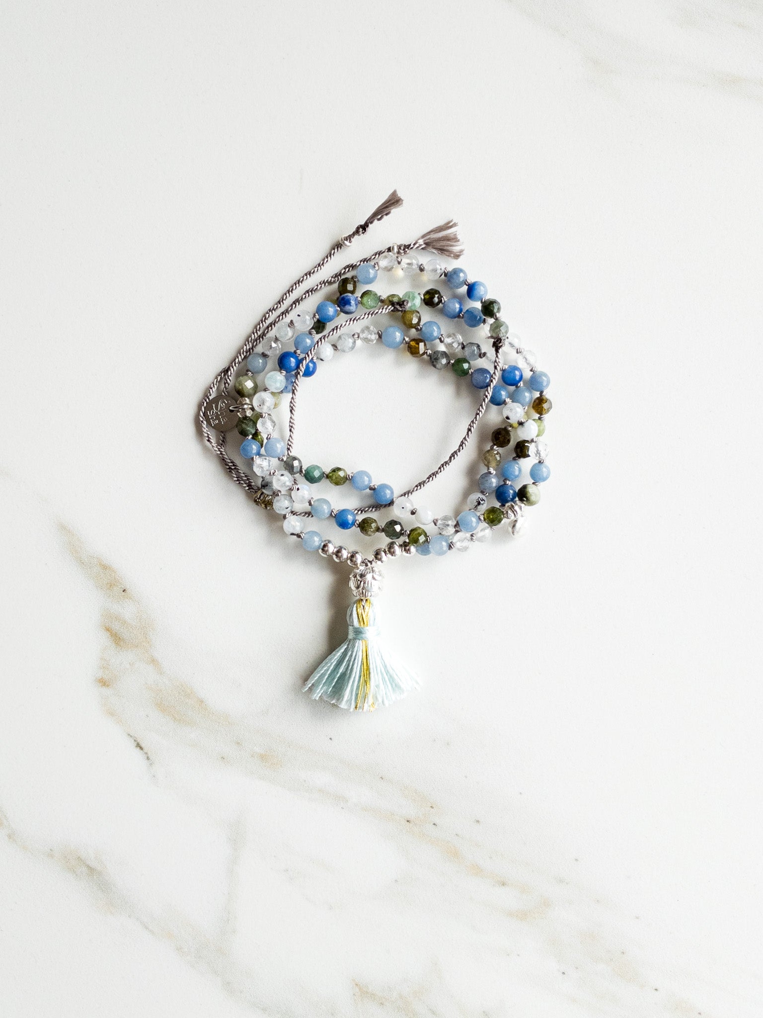 « Roots » Mini Mala 108  beads - Blue aventurine, Green Tourmaline & Moonstone