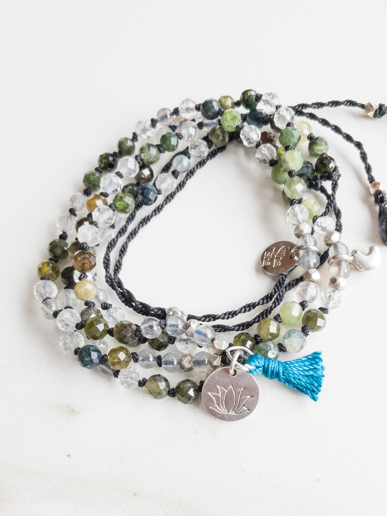 Collier Mini Mala « Roots » 108 perles - Tourmaline verte, pierre de lune et quartz clair