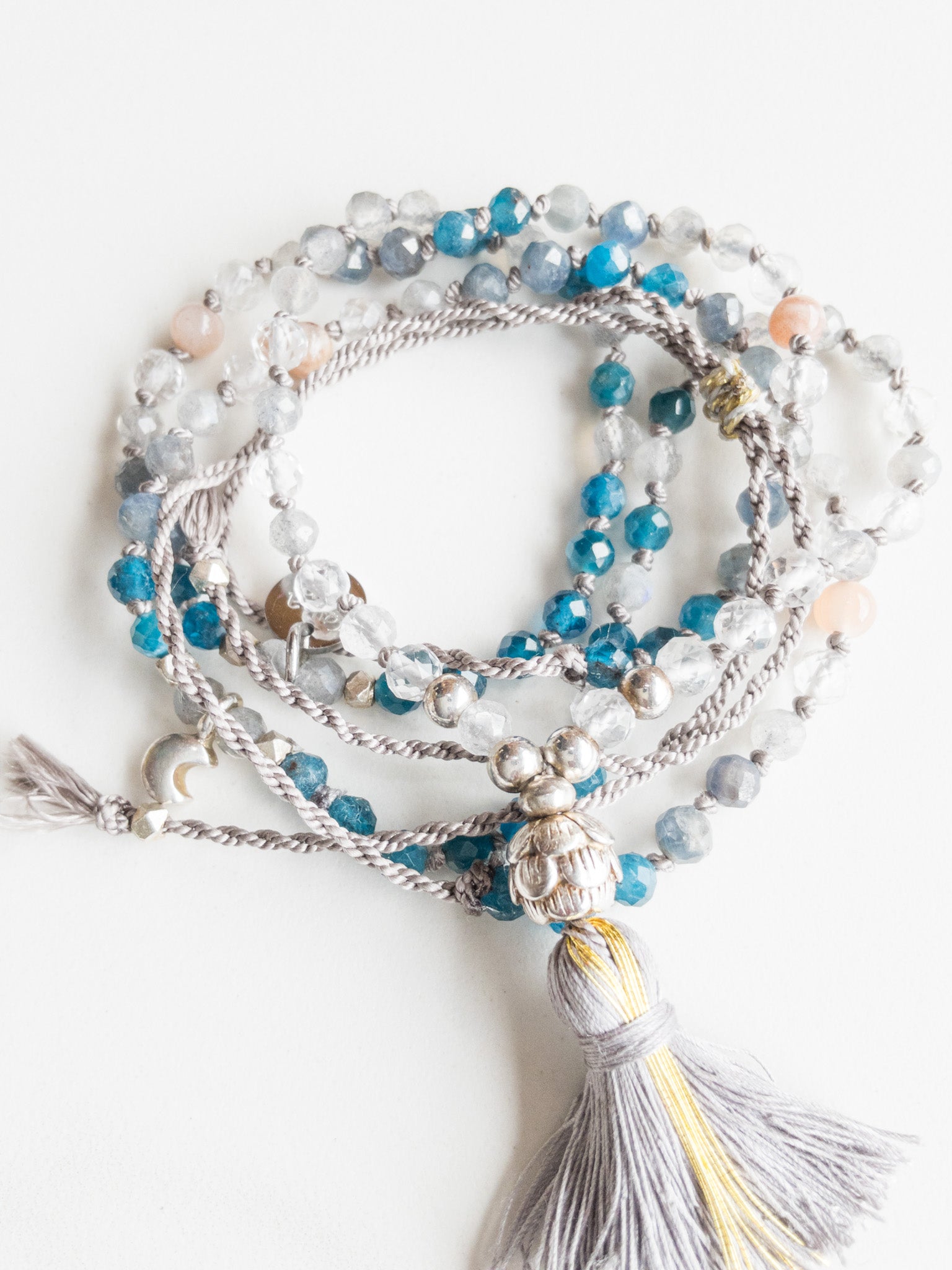 Mini Mala « Racines » 108 perles - Apatite &amp; Pierre de Lune &amp; Pierre de Soleil