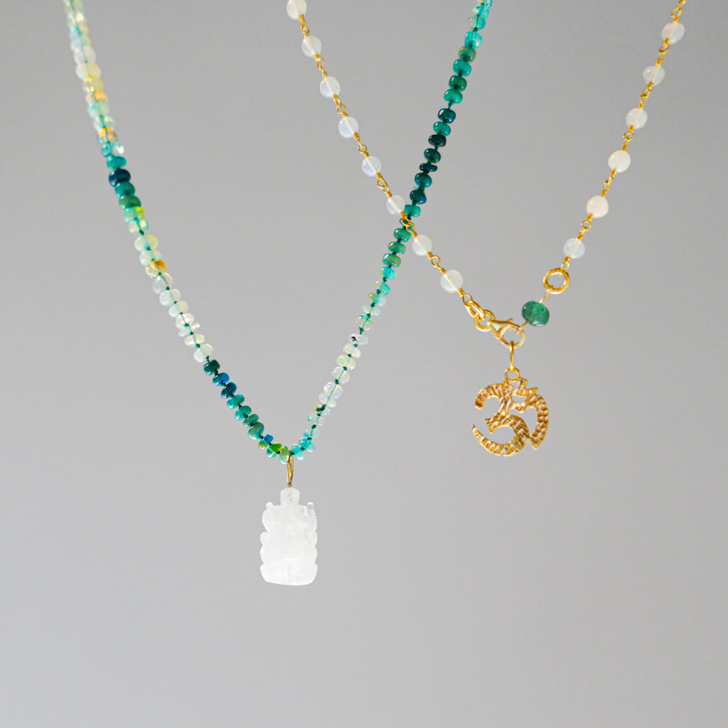 Sana Necklace - Green and White Fire Opal - DIVYA Sacred Symbols - Handknotted necklace by ShaSha Jewellery - Assemble your necklace with symbols