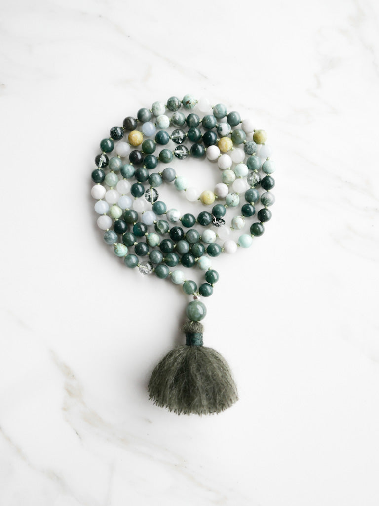 Botanical Serenity Mala 108 beads - OceanEye Collection - Moss agate, Jade, quartz phantom, Turquoise, Amazonite - ShaSha India Inspired jewellery