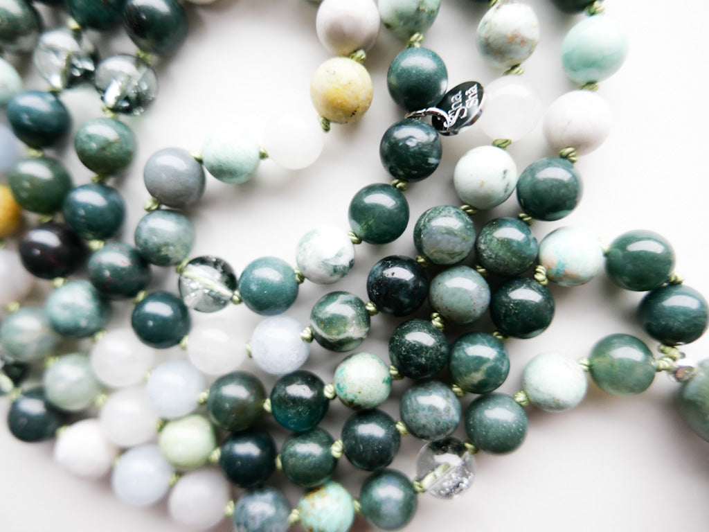 Botanical Serenity Mala 108 beads - OceanEye Collection - Moss agate, Jade, quartz phantom, Turquoise, Amazonite - ShaSha Meditation jewellery