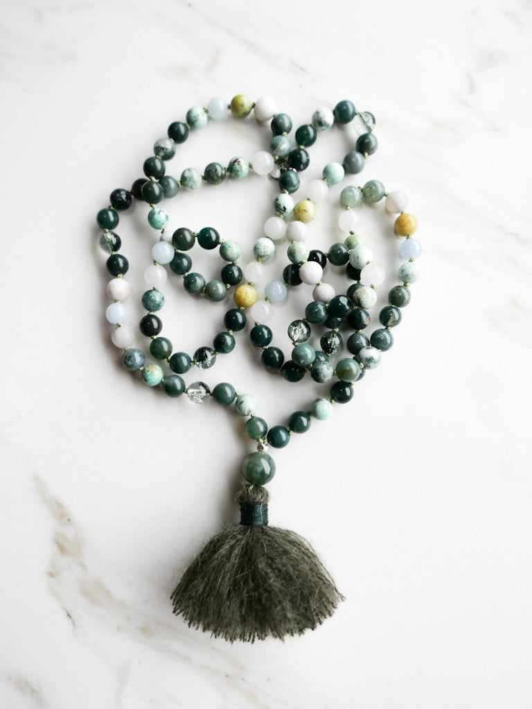 Botanical Serenity Mala 108 beads - OceanEye Collection - Moss agate, Jade, quartz phantom, Turquoise, Amazonite - ShaSha Yoga jewellery