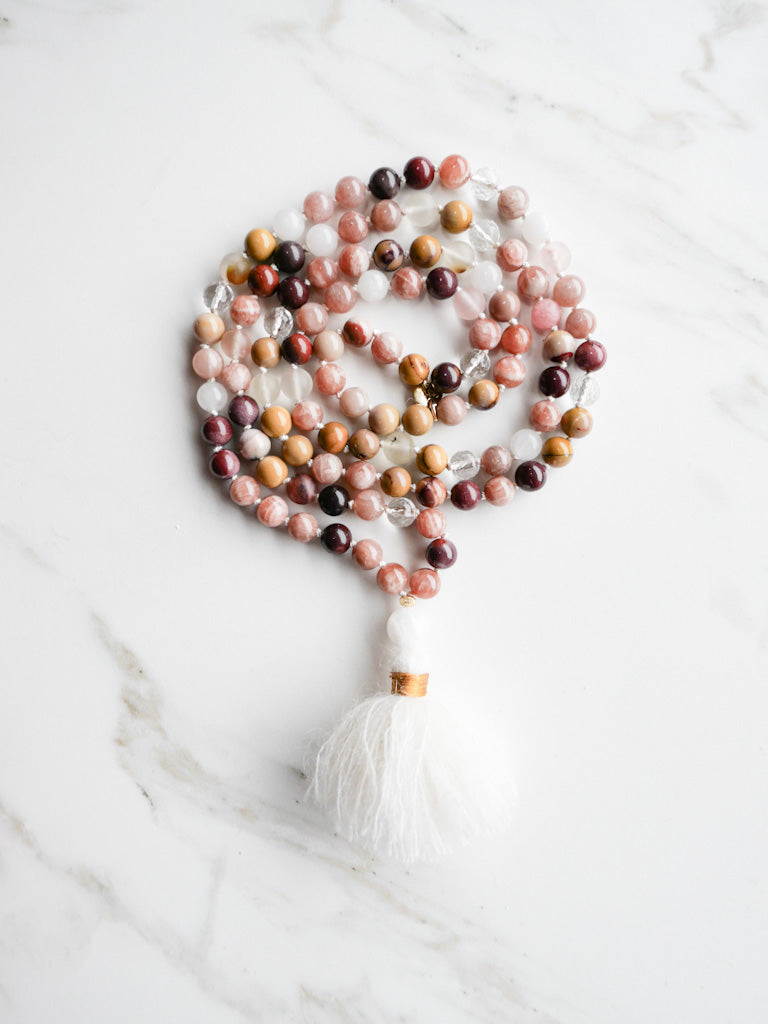 Radiant Harmony Mala 108 beads - OceanEye Collection - sunstone, clear quartz, jaspe mokaite, jade - SHASHA meditation jewelry