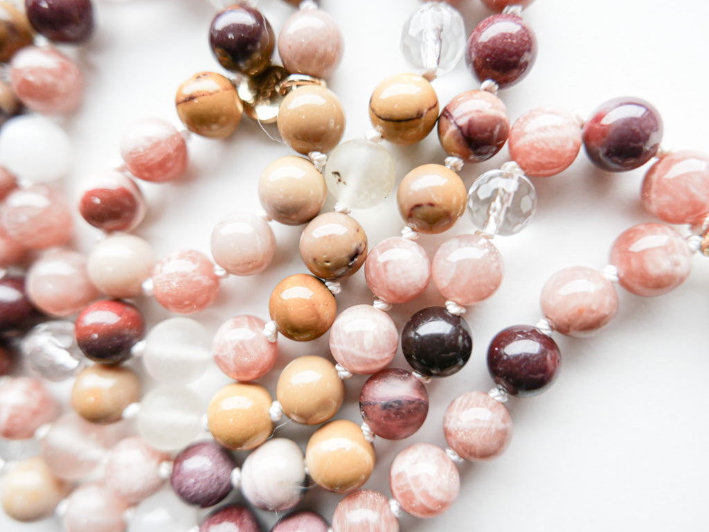 Radiant Harmony Mala 108 beads - OceanEye Collection - sunstone, clear quartz, jaspe mokaite, jade - SHASHA meditation jewelry