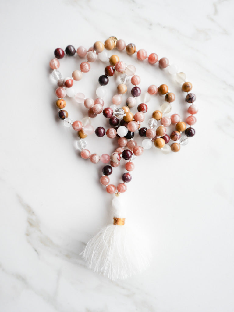 Radiant Harmony Mala 108 beads - OceanEye Collection - sunstone, clear quartz, jaspe mokaite, jade - SHASHA meditation jewelry