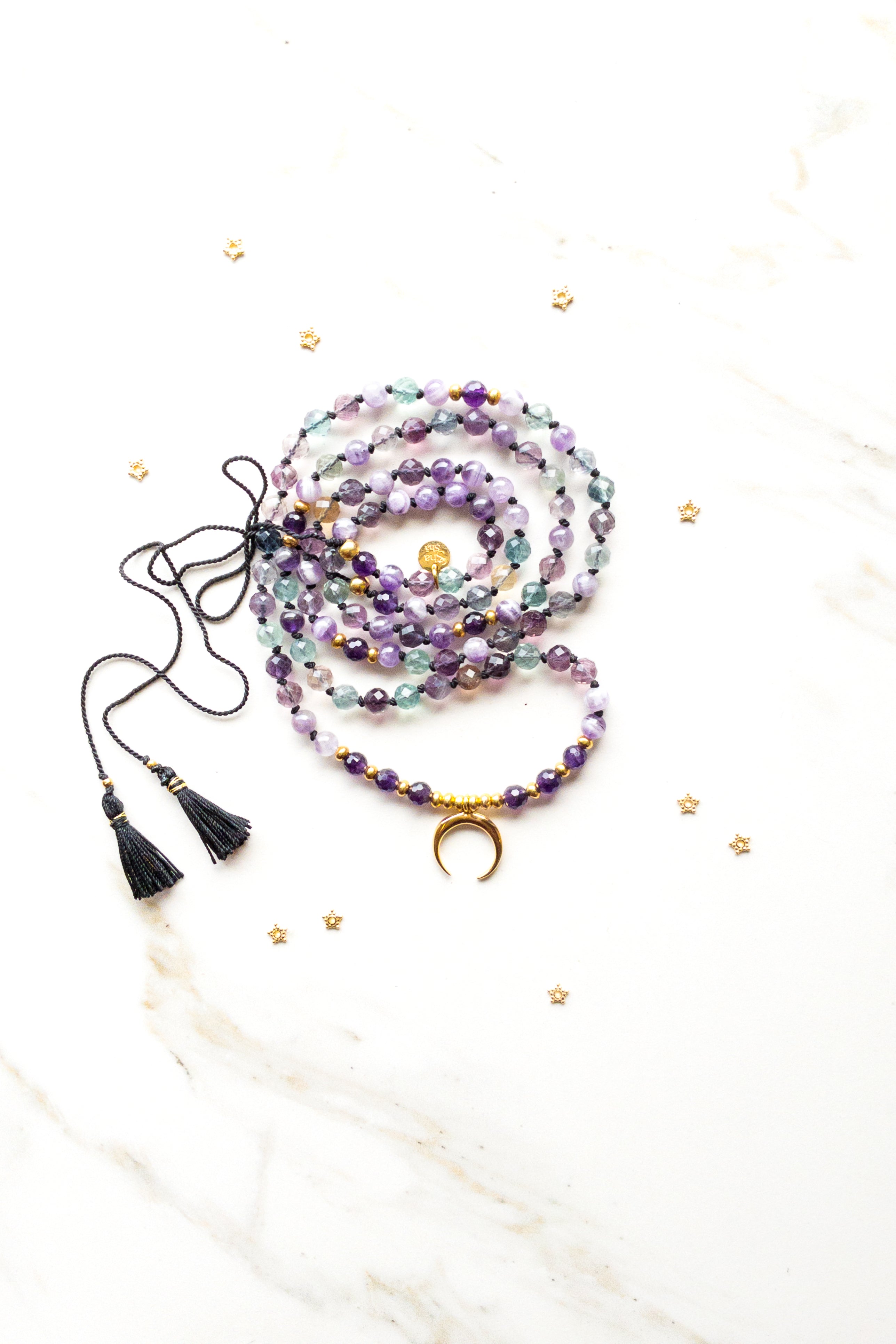 The Starry Serenity Mala Necklace - Fluorite & Amethyst - Indradhanush Collection
