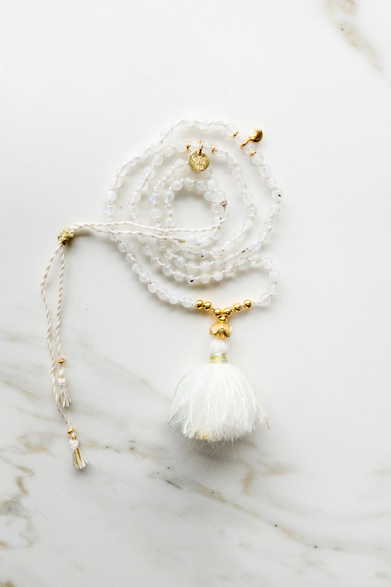 Shashā « Roots » Mini Mala 108 beads gold - Flash Moonstone - yoga jewellery 