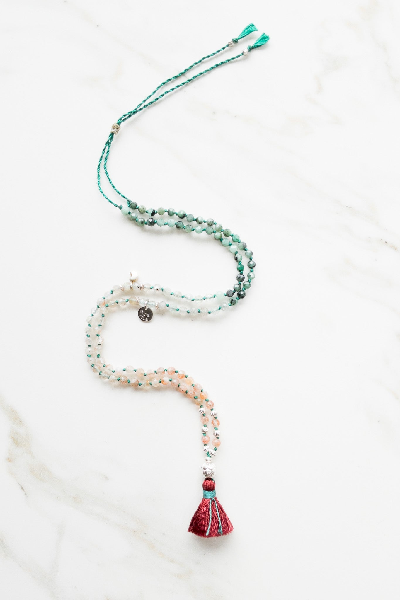 Shashā Mini Mala 108 - Emerald & Sunstone - travel Mala - india inspired jewellery 