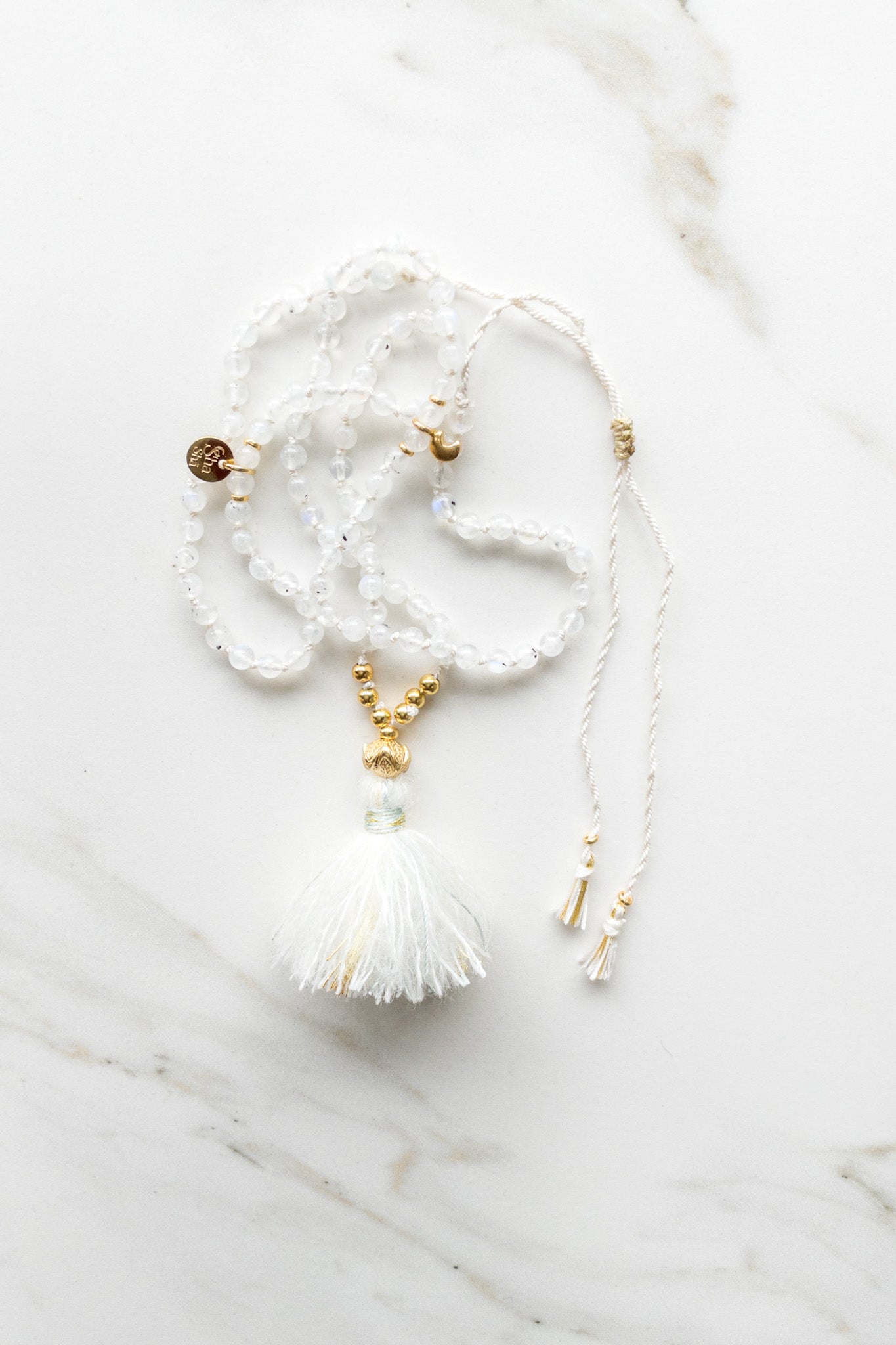 Shashā « Roots » Mini Mala 108 beads gold - Flash Moonstone - meditation jewellery 