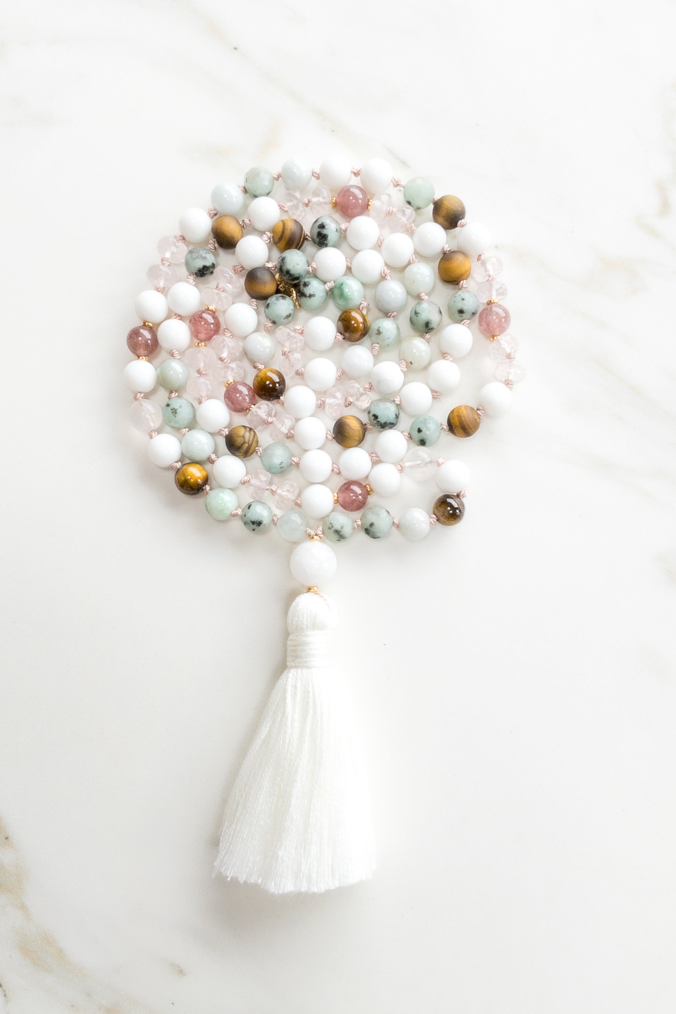 Lotus Serenity Mala beads - kiwi jasper, pink strawberry quartz, white onyx, tiger eye - OceanEye - ShaShã jewelry Switzerland - yoga meditation inspired jewelry 