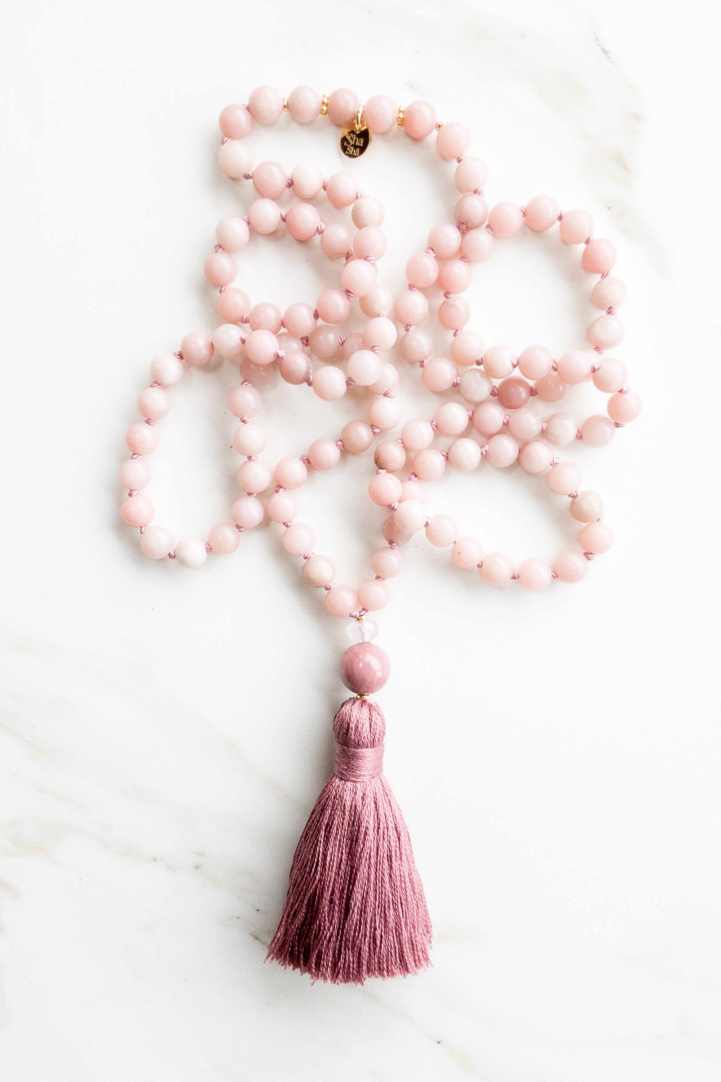 Radiant Pink Lotus Mala - Opal, Pink Quartz & Rodochrosite - OceanEyes Collection