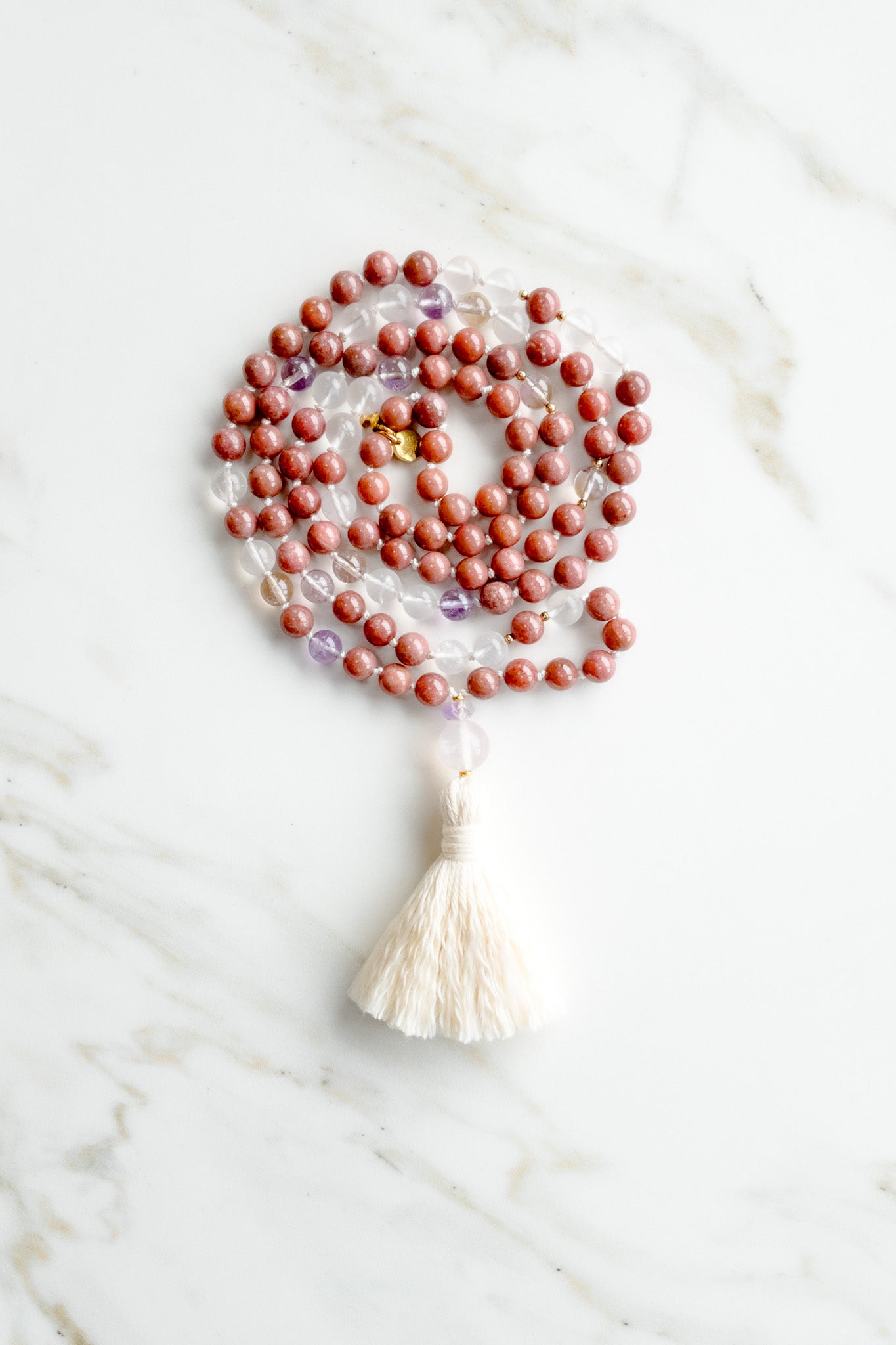 Earth Radiance Mala 108 - Thulite, Amethystine, Pink Quartz - OceanEyes - shashā mindfulness jewellery 