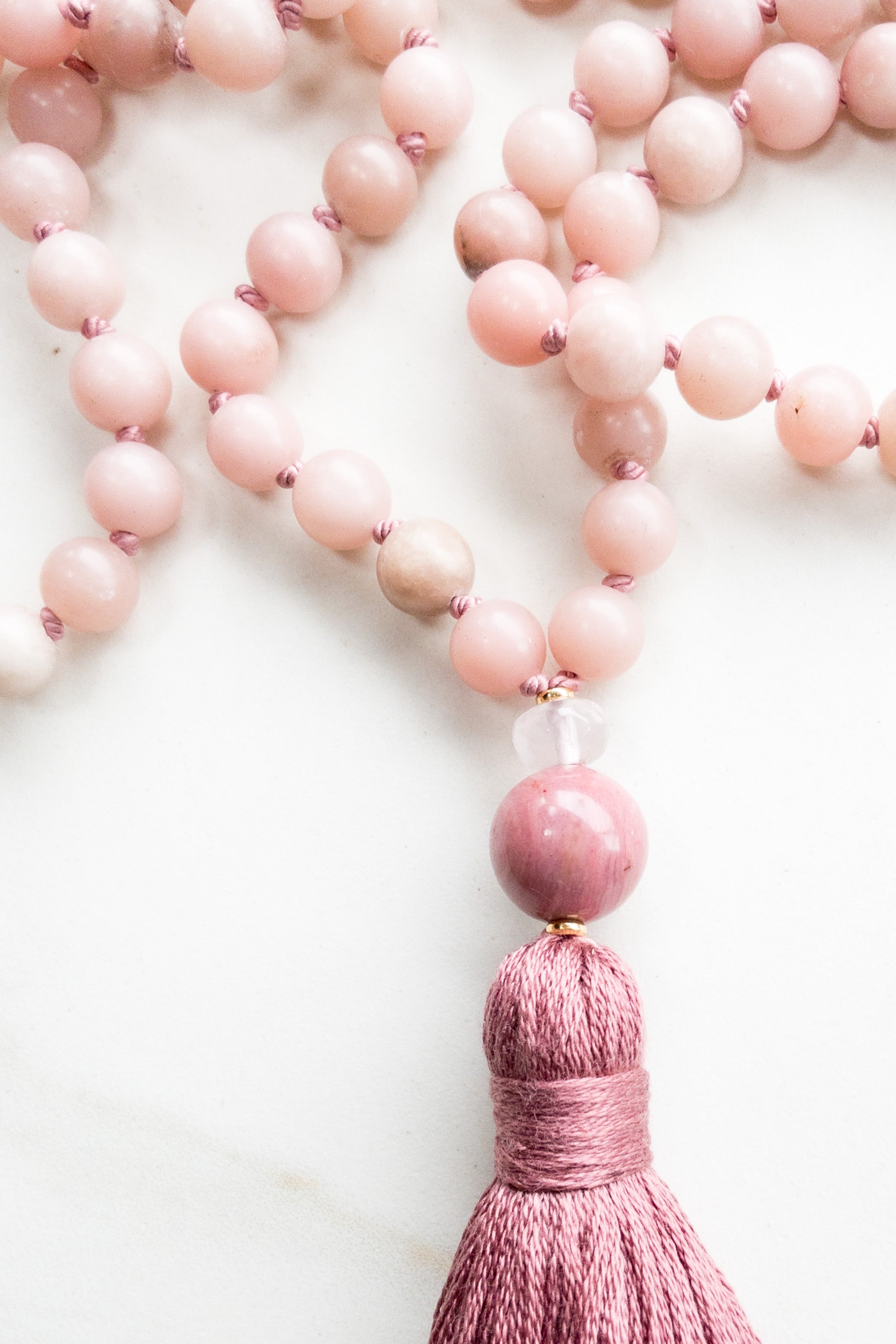 Radiant Pink Lotus Mala - Opal, Pink Quartz & Rodochrosite - OceanEyes Collection - shashā jewellery 