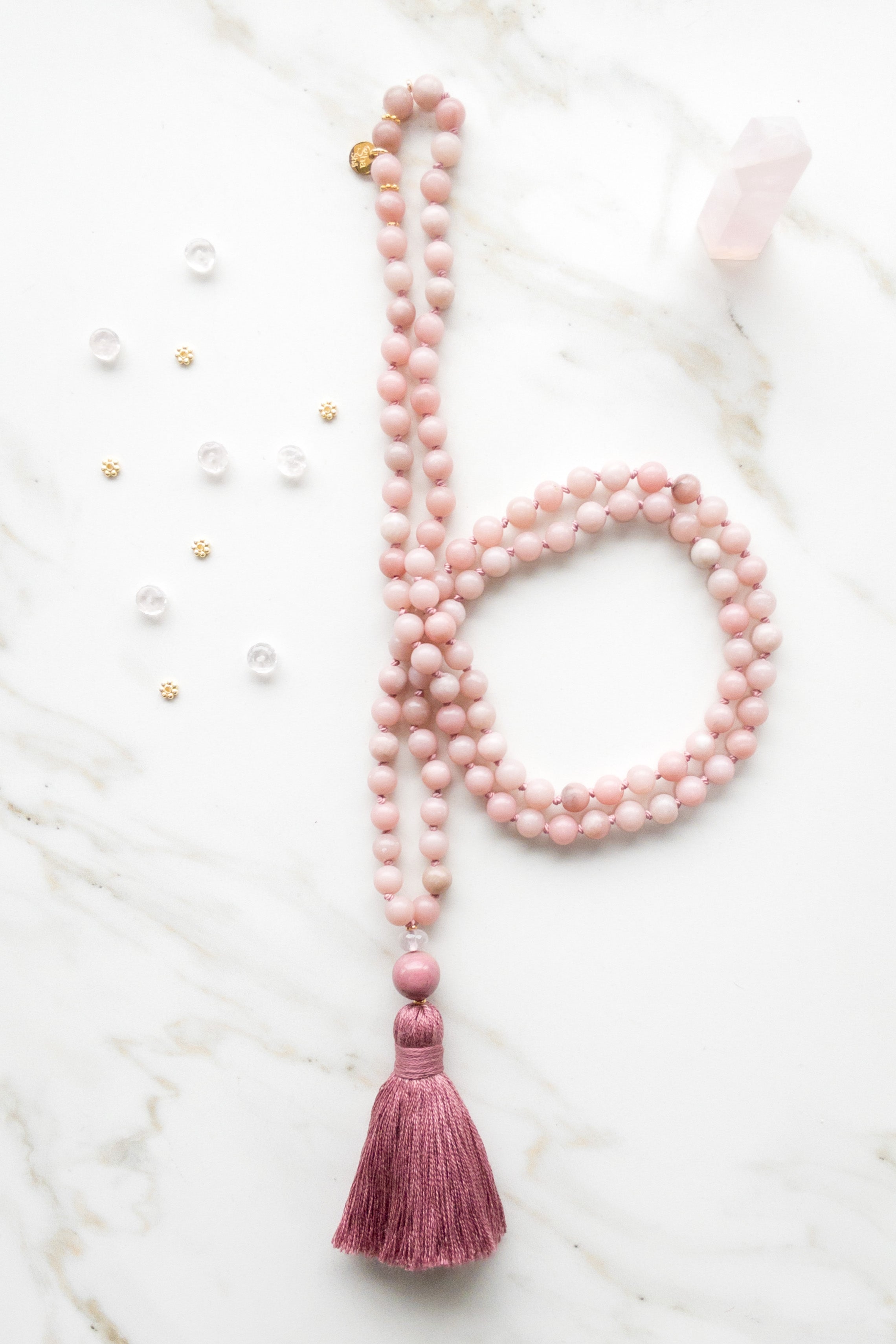 Radiant Pink Lotus Mala - Opal, Pink Quartz & Rodochrosite - OceanEyes Collection - shashā meditation jewellery 