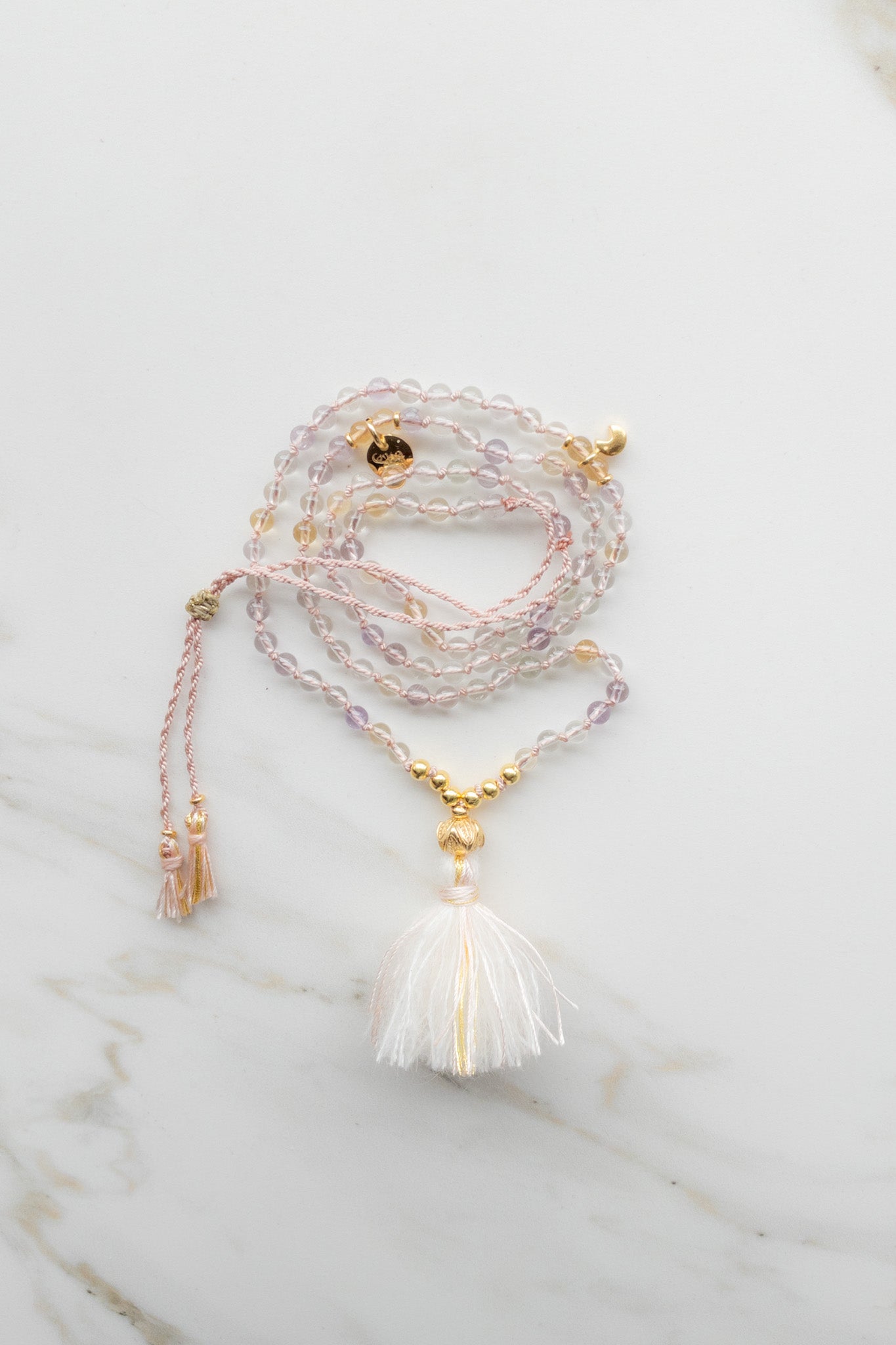 ShaSha « Roots » mini Mala 108 gold  - Quartz, light Citrine & light Amethyst - mindfulness jewellery 