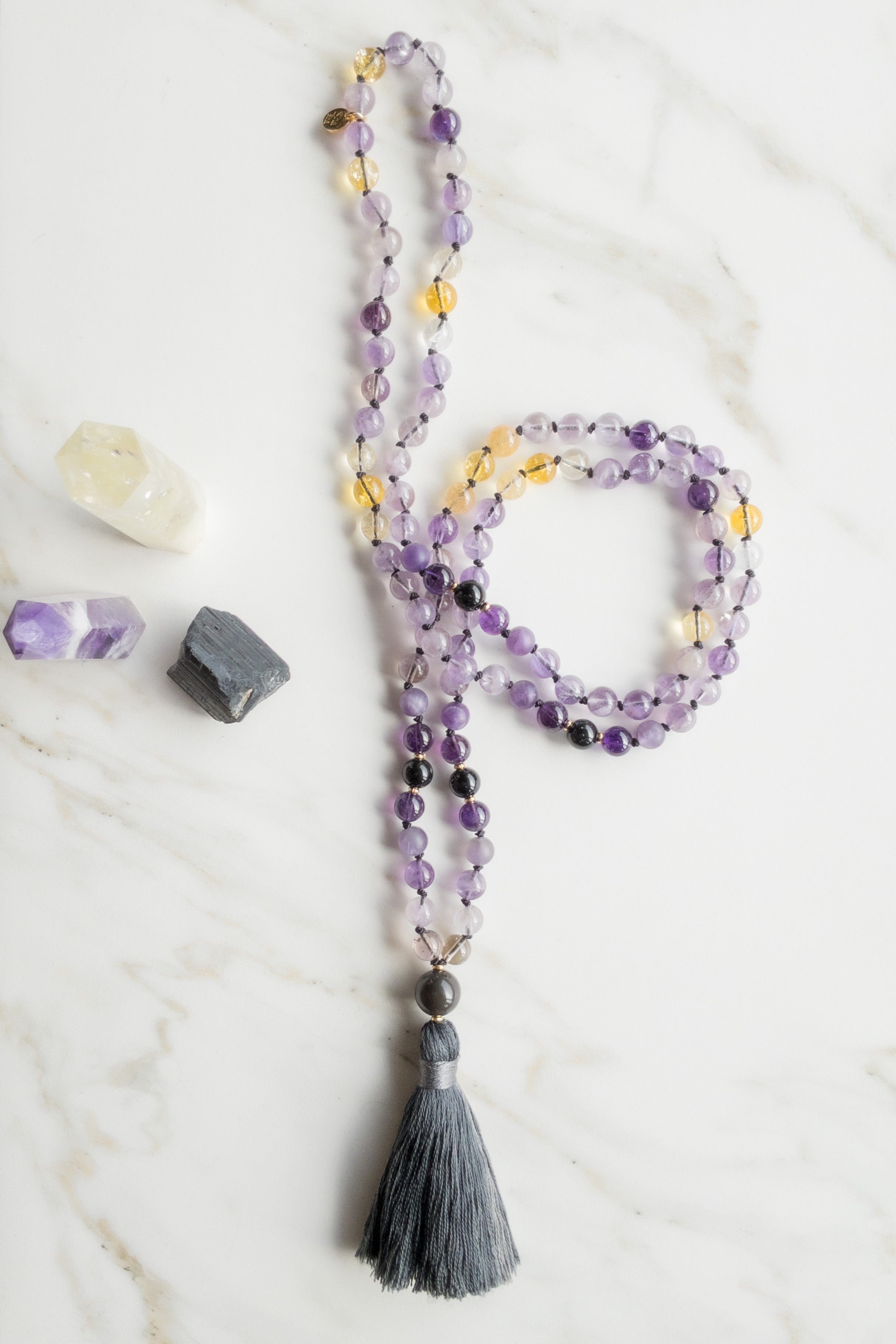 Astral Glow Mala 108 beads - Ametrine, Obsidian, Amethyst, Citrine - OceanEye - shashā jewellery Switzerland 