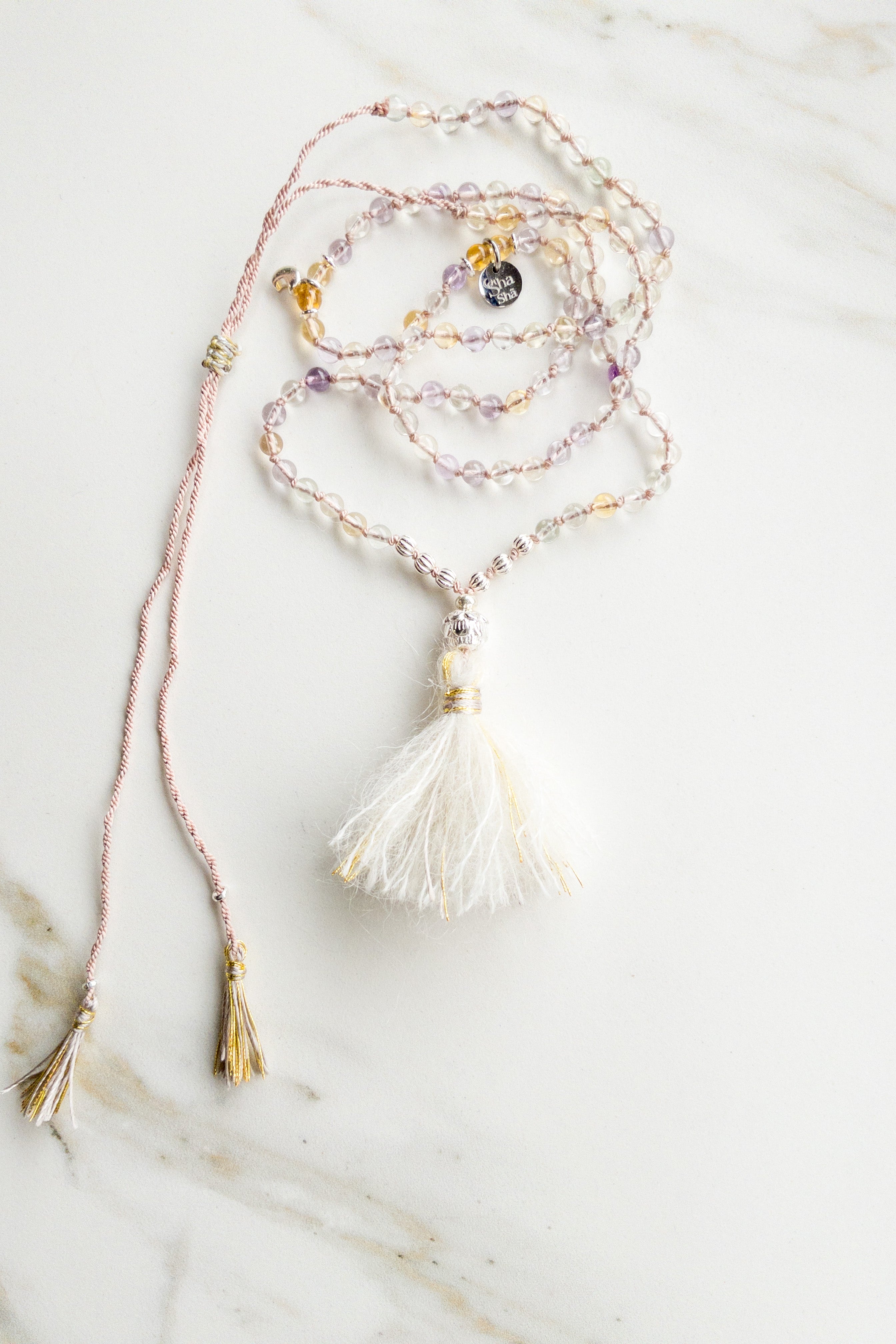 ShaSha « Roots » mini Mala 108 - Quartz, light Citrine & light Amethyst - shashā yoga jewellery store Switzerland 