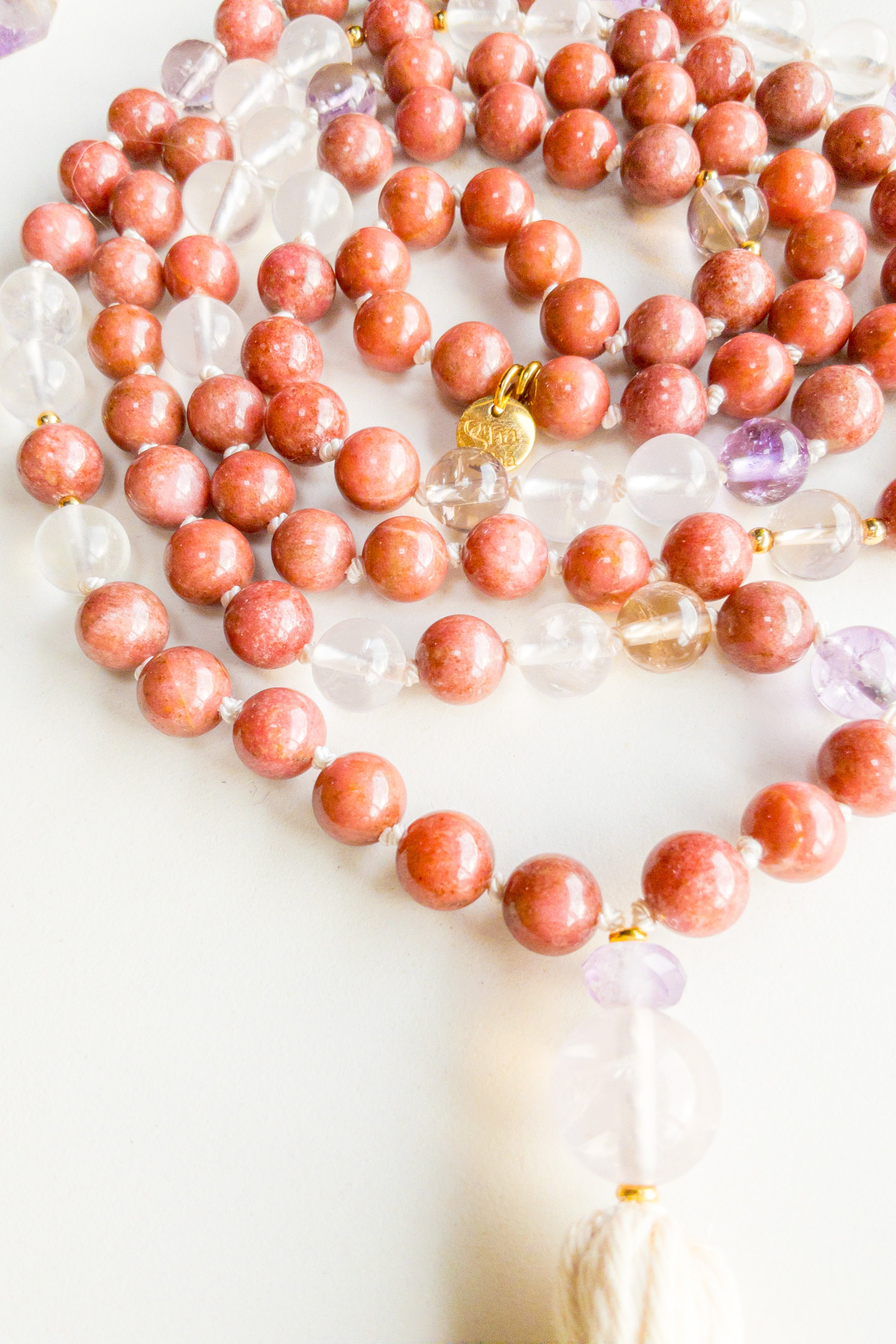 Heart Radiance Mala 108 - Thulite, Amethystine, Pink Quartz - OceanEye - shashā meditation jewellery 