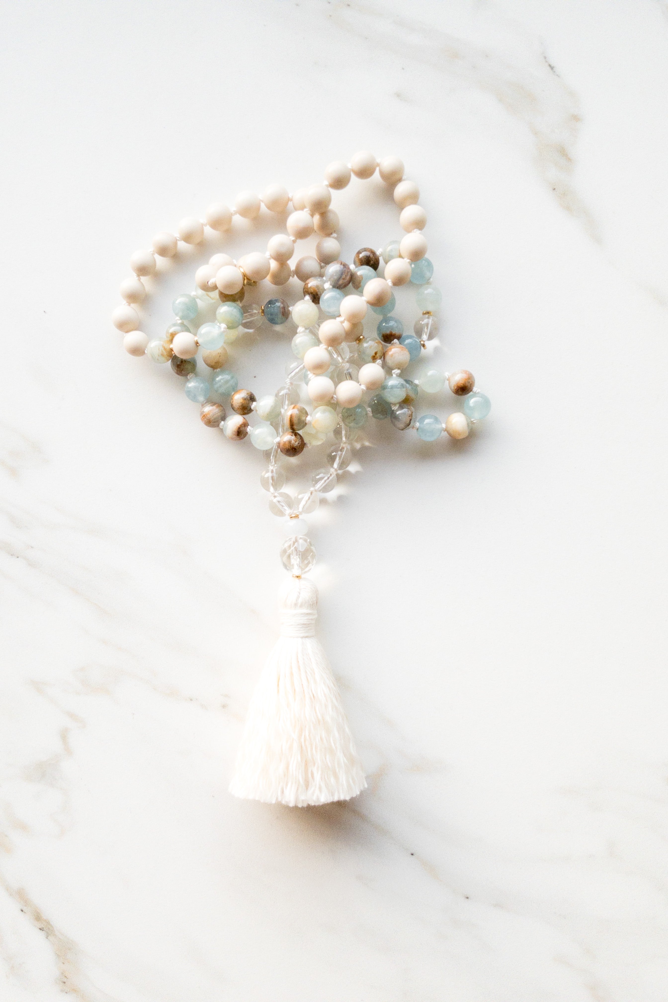 Dream of Gaia Mala - calcite, clear quartz, fossil stone - OceanEye Collection - shashā meditation jewellery 