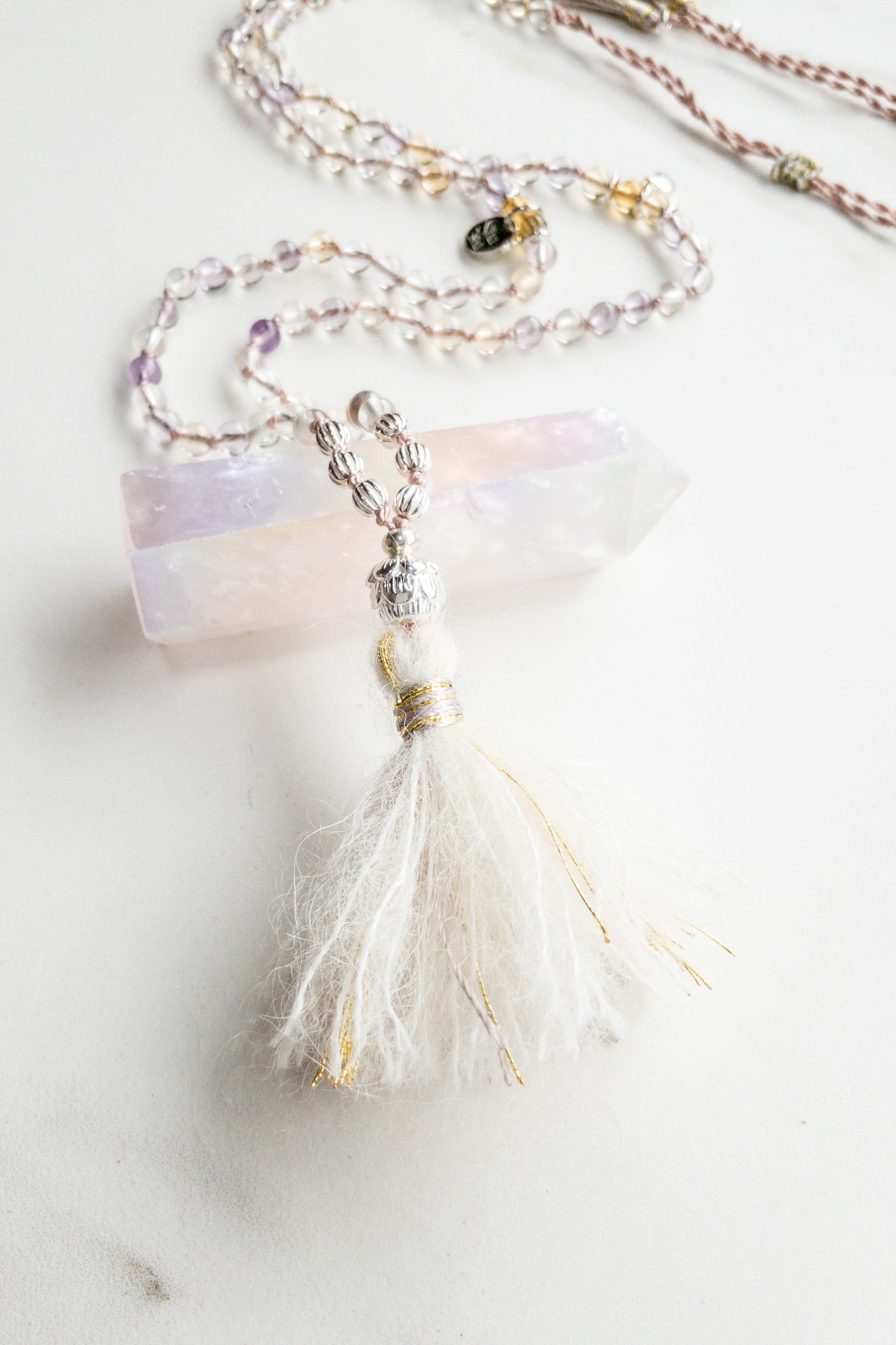 ShaSha « Roots » mini Mala 108 - Quartz, light Citrine & light Amethyst - shashā yoga and meditation jewellery store Switzerland 